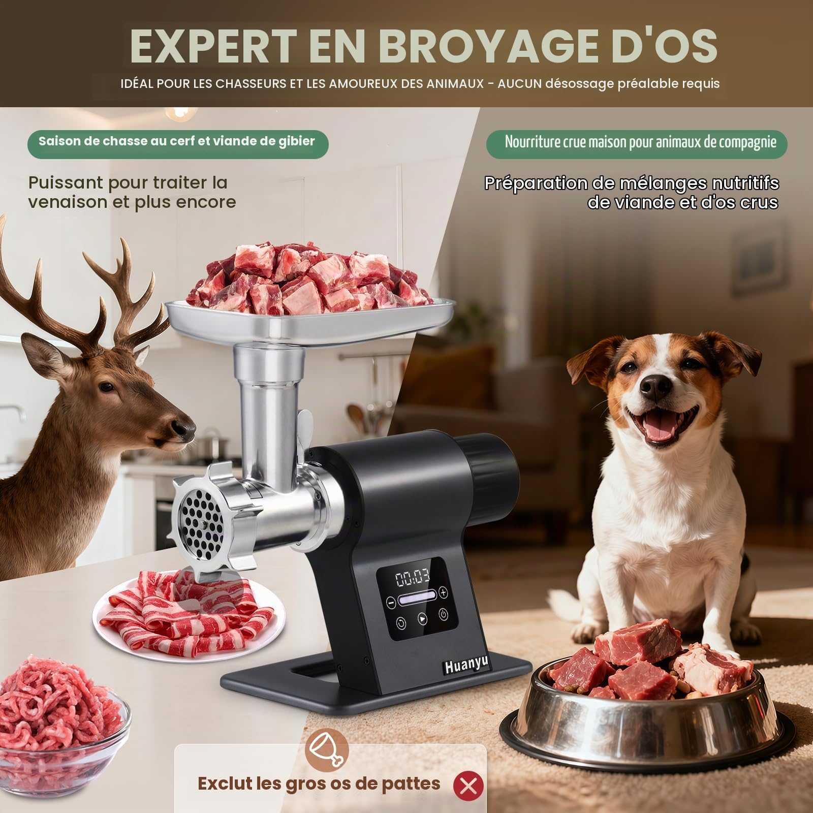 Huanyu Hachoir à viande électrique 2000 watts Hachoir à viande avec commande tactile Machine électrique multifonctionnelle pour hacher la viande avec 2 lames de coupe et 3 plaques de coupe