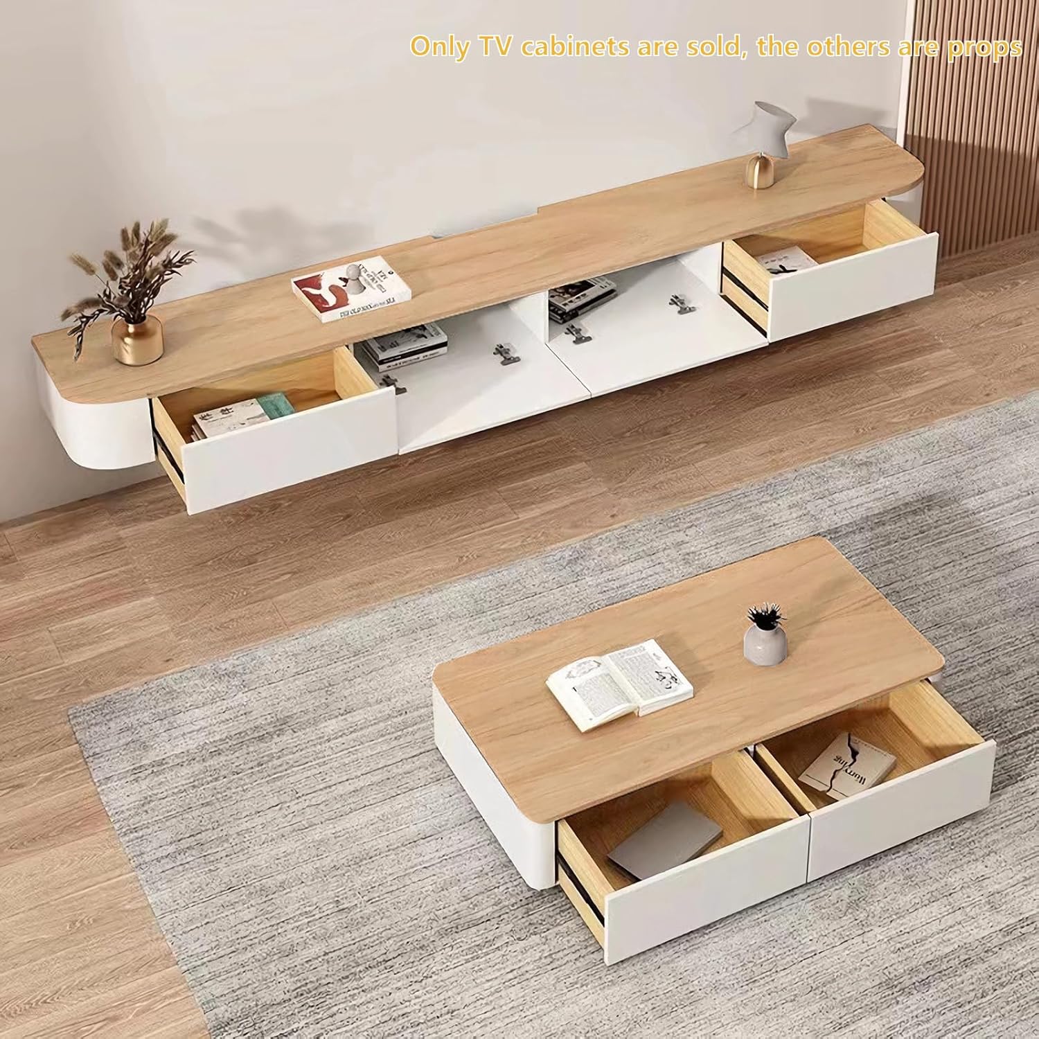 Floating TV Stand with Drawers, Pre-Assembled Wall Mounted TV Console, Modern Floating Media Console for Living Room, Space-Saving Floating TV Cabinet (Wood+White, 94.5in/240cm)