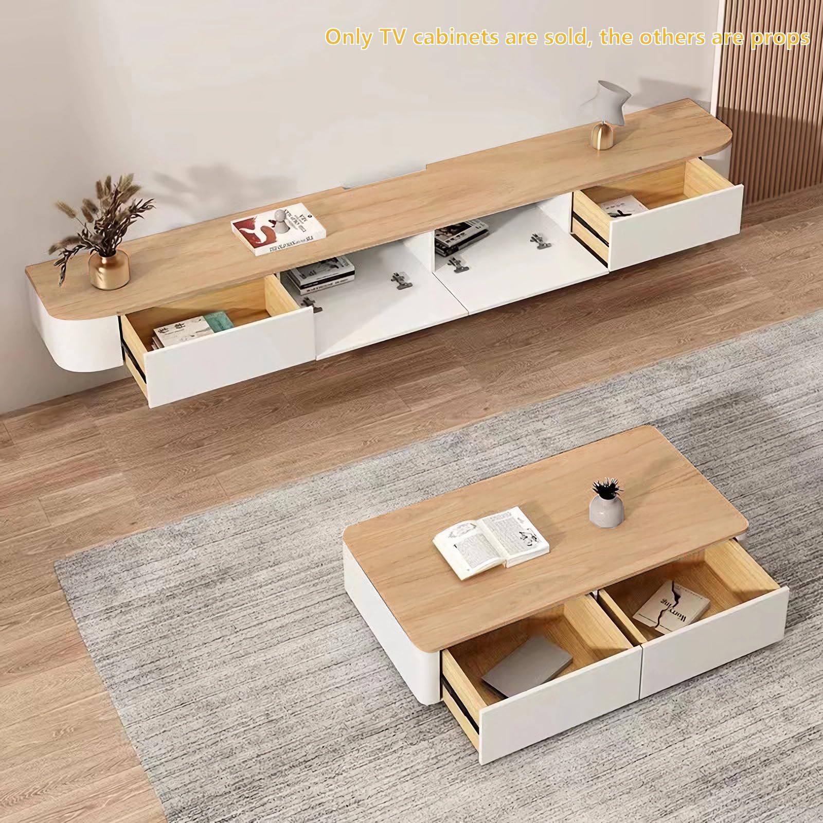 Mobile TV Sospeso da Parete Moderno in Legno con Cassetti e Ripiani, Mobile Porta TV Flottante per Soggiorno e Camera da Letto(Legno+bianco,140cm/55in)