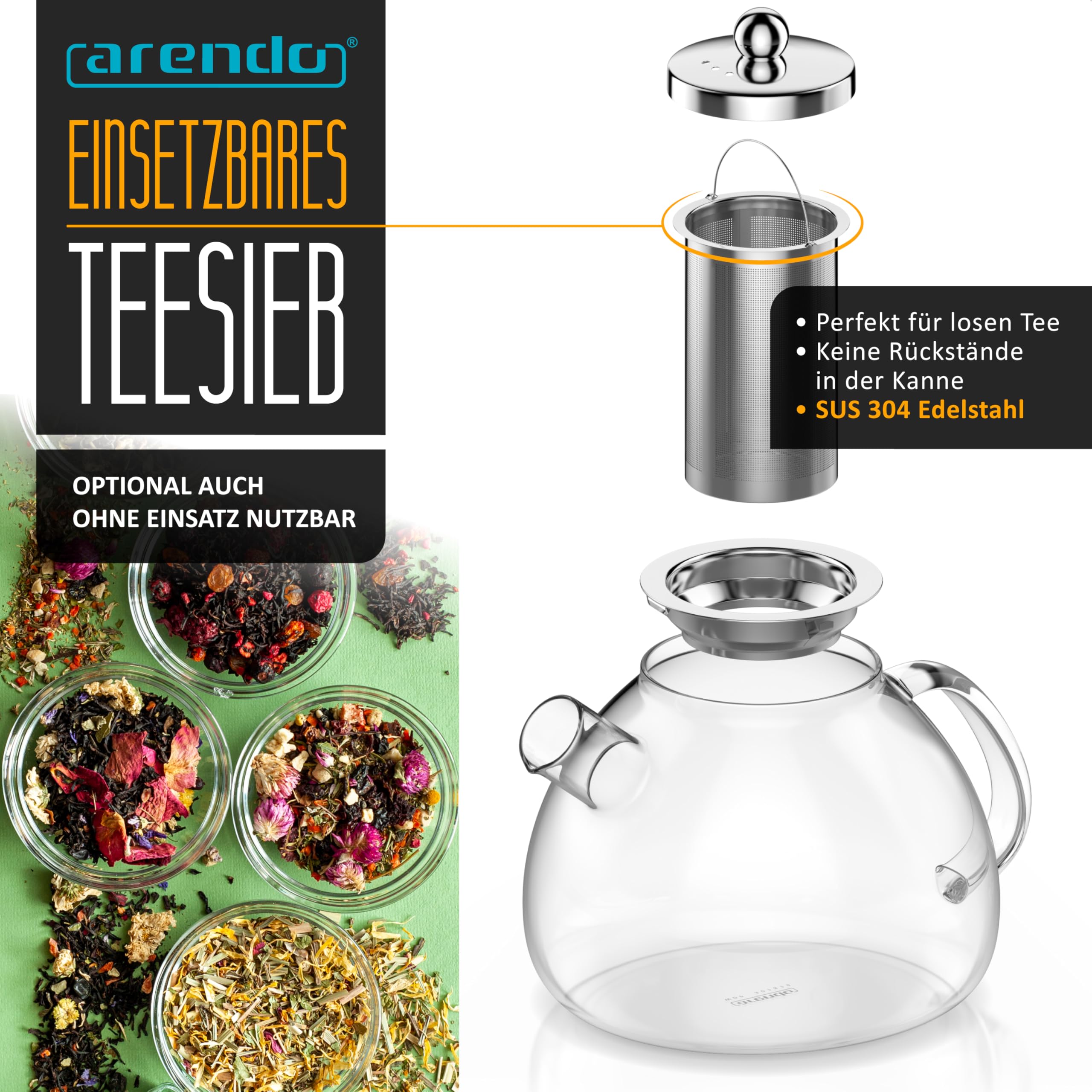 Arendo - Teekanne Glas mit Sieb - 1500 ml – aus Borosilikatglas – mit Edelstahlsieb – feinmaschig – hitzebeständig – Glasteekanne – für losen Tee Kräutertee Früchtetee – Teekocher – langlebig – feinma