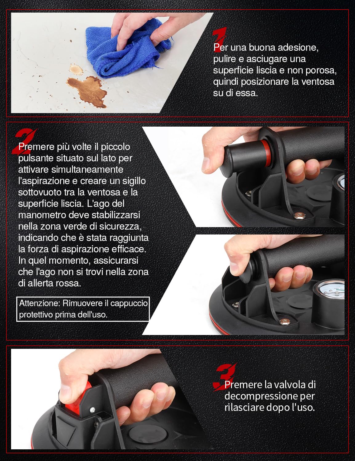 2x Ventosa per Piastrelle con Manometro, Ventose per Vetro, Carico Max. 200 Kg/Unità, Ventose Professionali a Vuoto per Vetro, Piastrelle, Marmo, Mobili, Ø200 mm con Cassetta Attrezzi