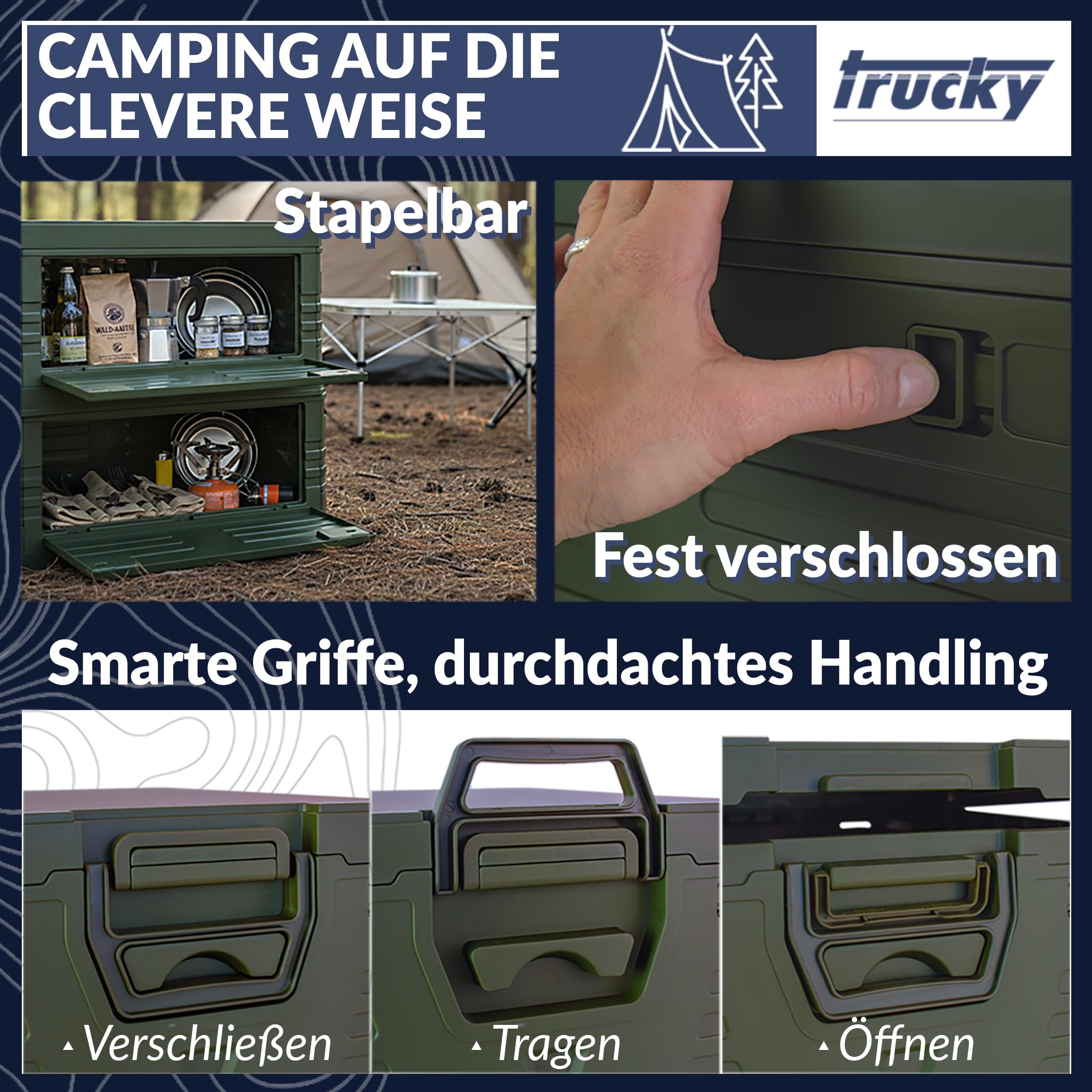Trucky Storage Box, 75 L 58 x 40 x 33 cm, Camping, Klappbox, Klappkiste, Aufbewahrungsbox mit Deckel, faltbar, Aufbewahrung, Kiste, Grün