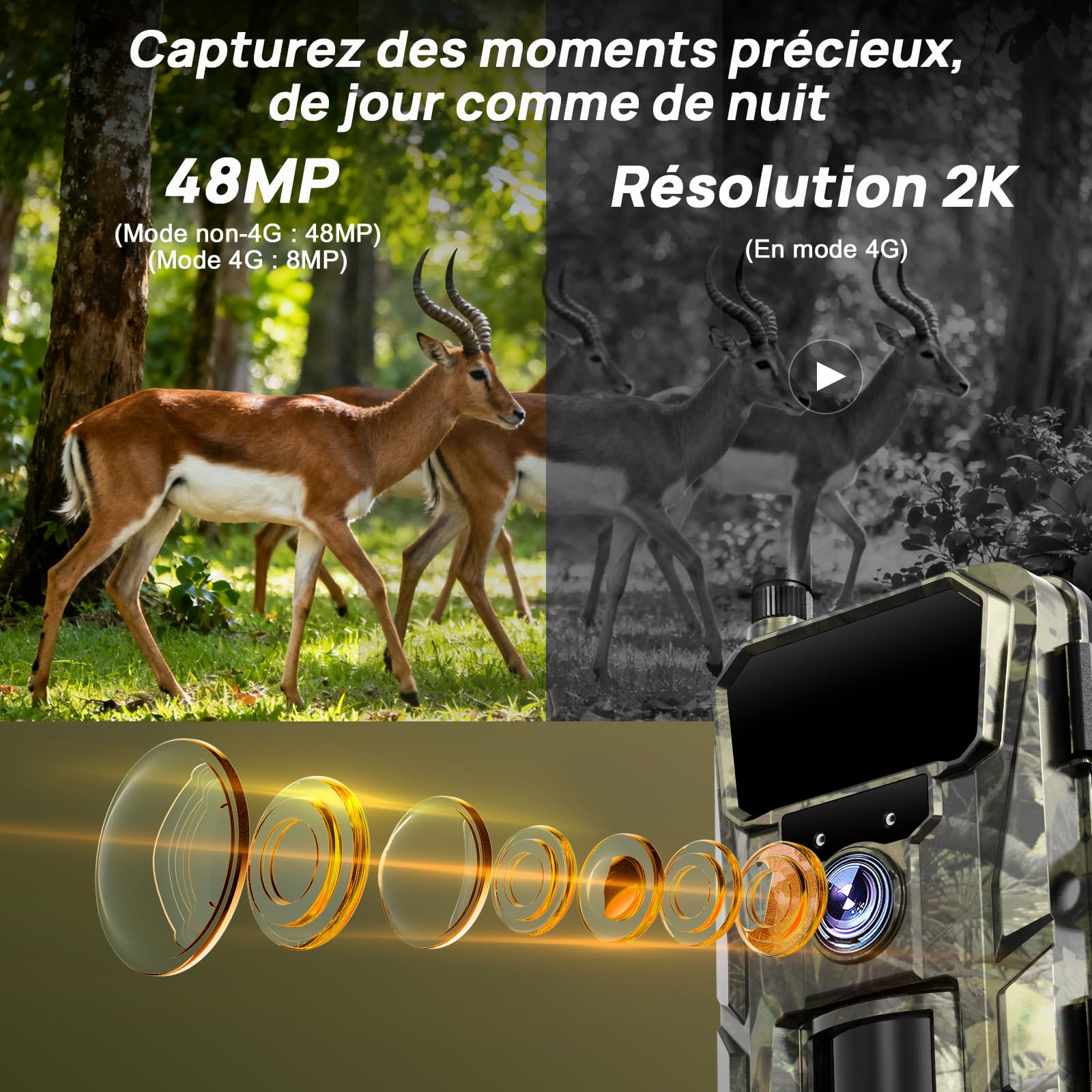 iZEEKER Caméra de Chasse Solaire 2 en 1 4G LTE et Standard, HD 48MP Caméra Chasse Vision Nocturne Détection de Mouvement, Contrôle Application sans WiFi Etanche IP66 avec Carte SIM & Carte TF 64 Go