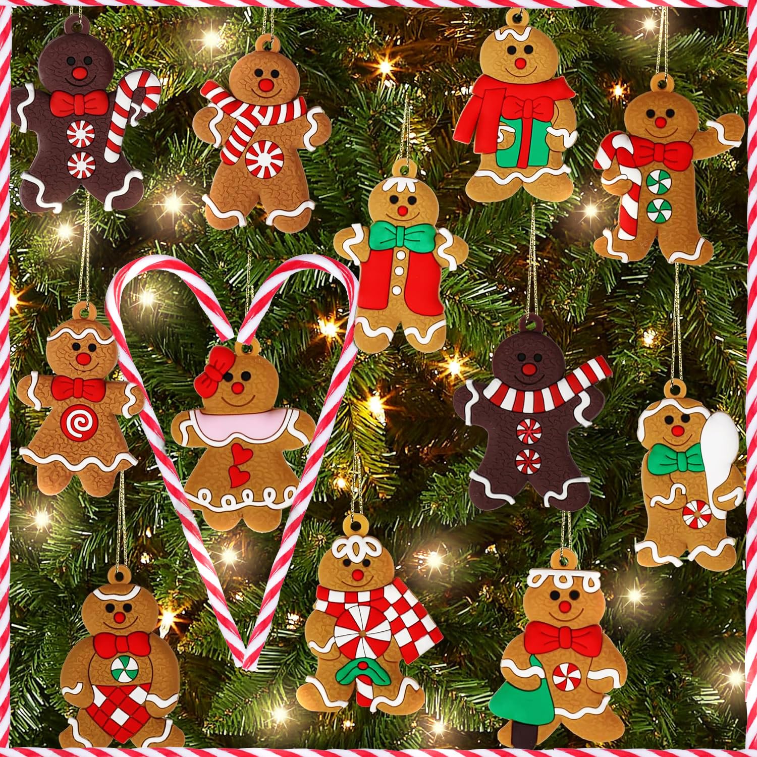 Décorations Sapin De Noël En Pain D'épices - Lot De 9 Ornements Avec Cordes - Bonhomme Et Maisons - PVC