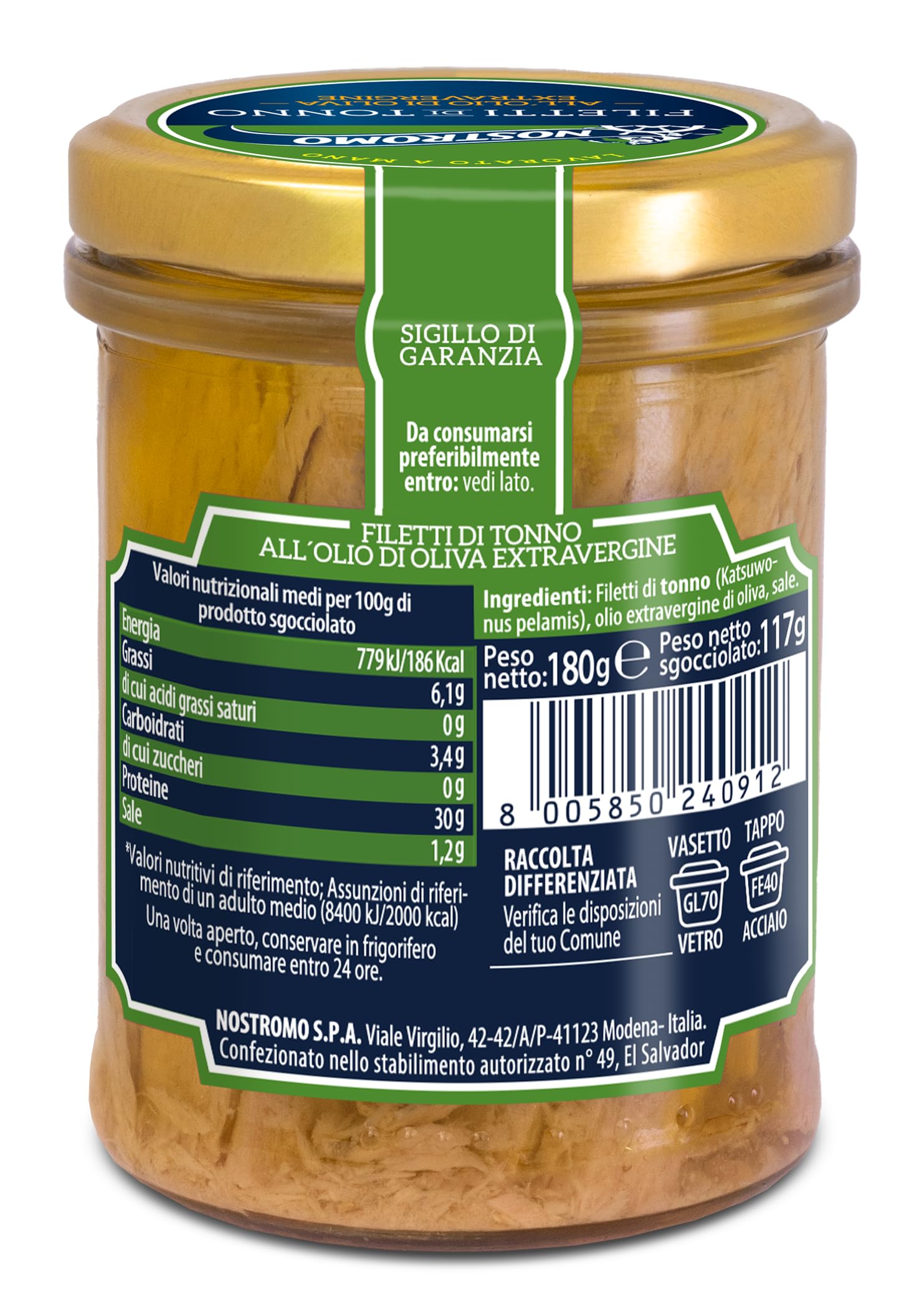 Nostromo Filetti di Tonno all’Olio Extravergine di Oliva 180g – 6 Vasetti, Qualità Superiore, Lavorati a Mano – Fonte di Omega 3, Gusto Premium