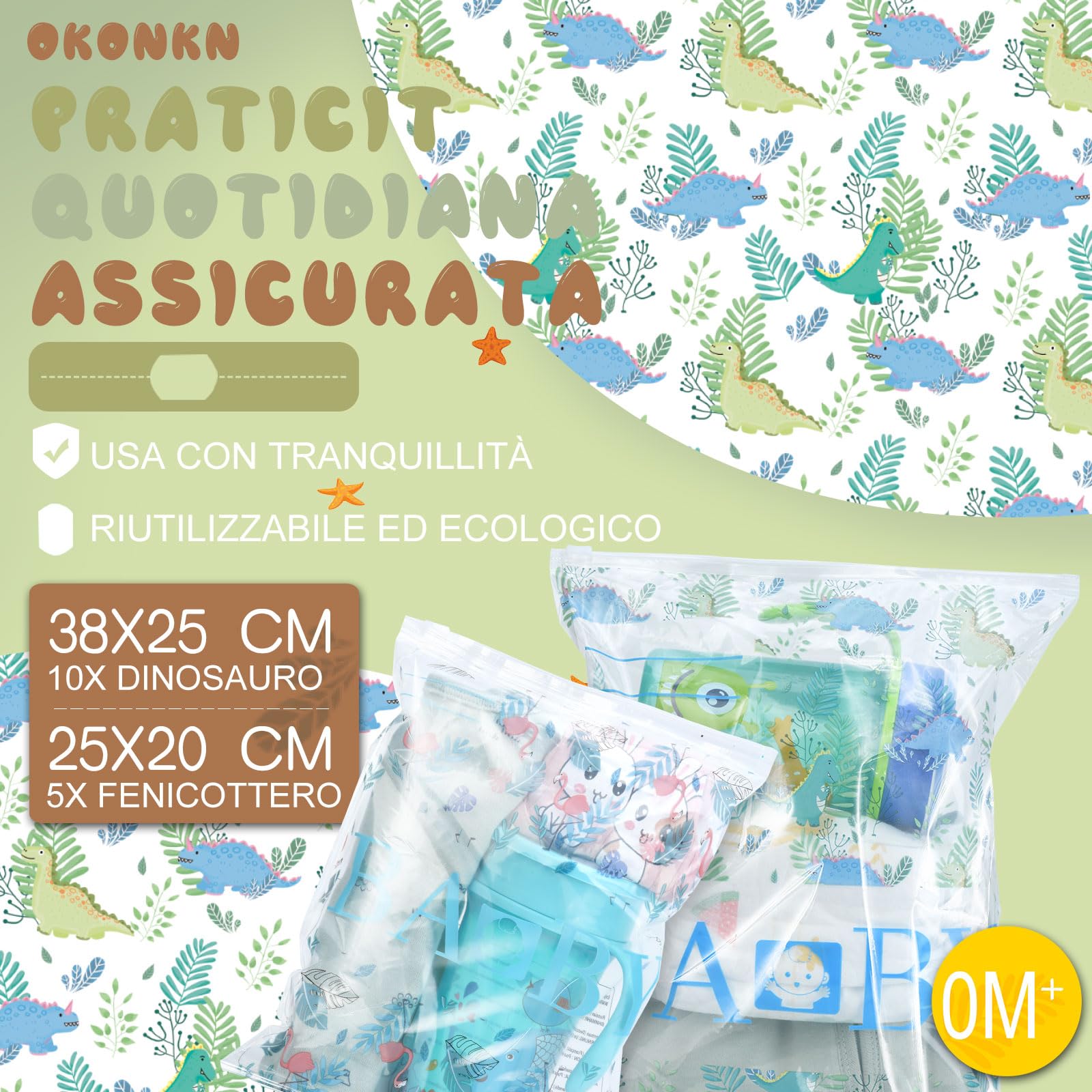 OKONKN 15 bustine corredino neonato ospedale (10 Grandi e 5 Piccole)-Sacchetti Cambio Neonato Ospedale Riutilizzabili per Asilo e Viaggi - Idea Regalo per Future Mamme (Dinosauro/Flamingo)