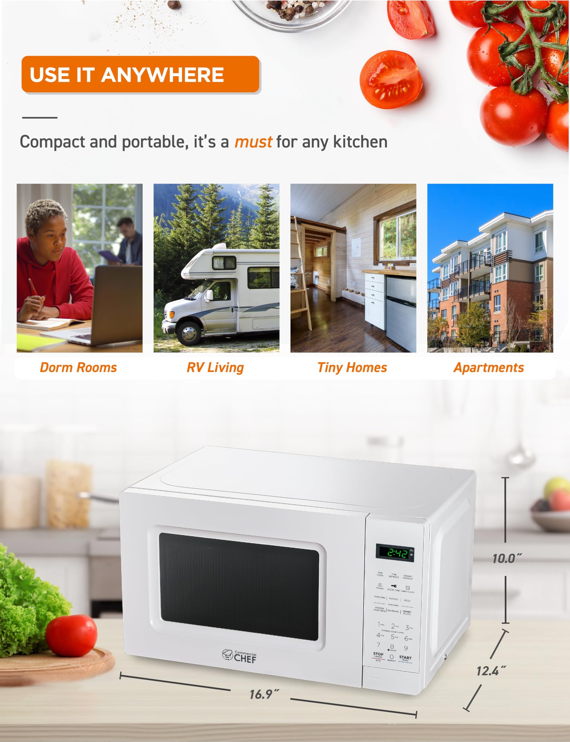 COMMERCIAL CHEF Microonde da 0,7 Cu Ft con 10 livelli di potenza, forno a microonde da 700 W con display digitale, forno a microonde da banco con serratura di sicurezza per bambini, programmabile con