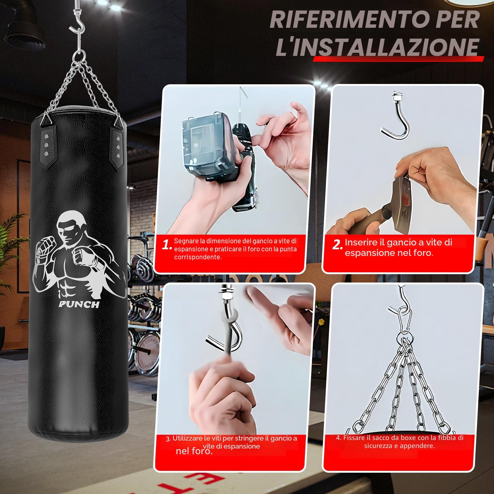 Sacco da boxe da appendere, 120 cm, per bambini, ragazzi e adulti (non riempito)