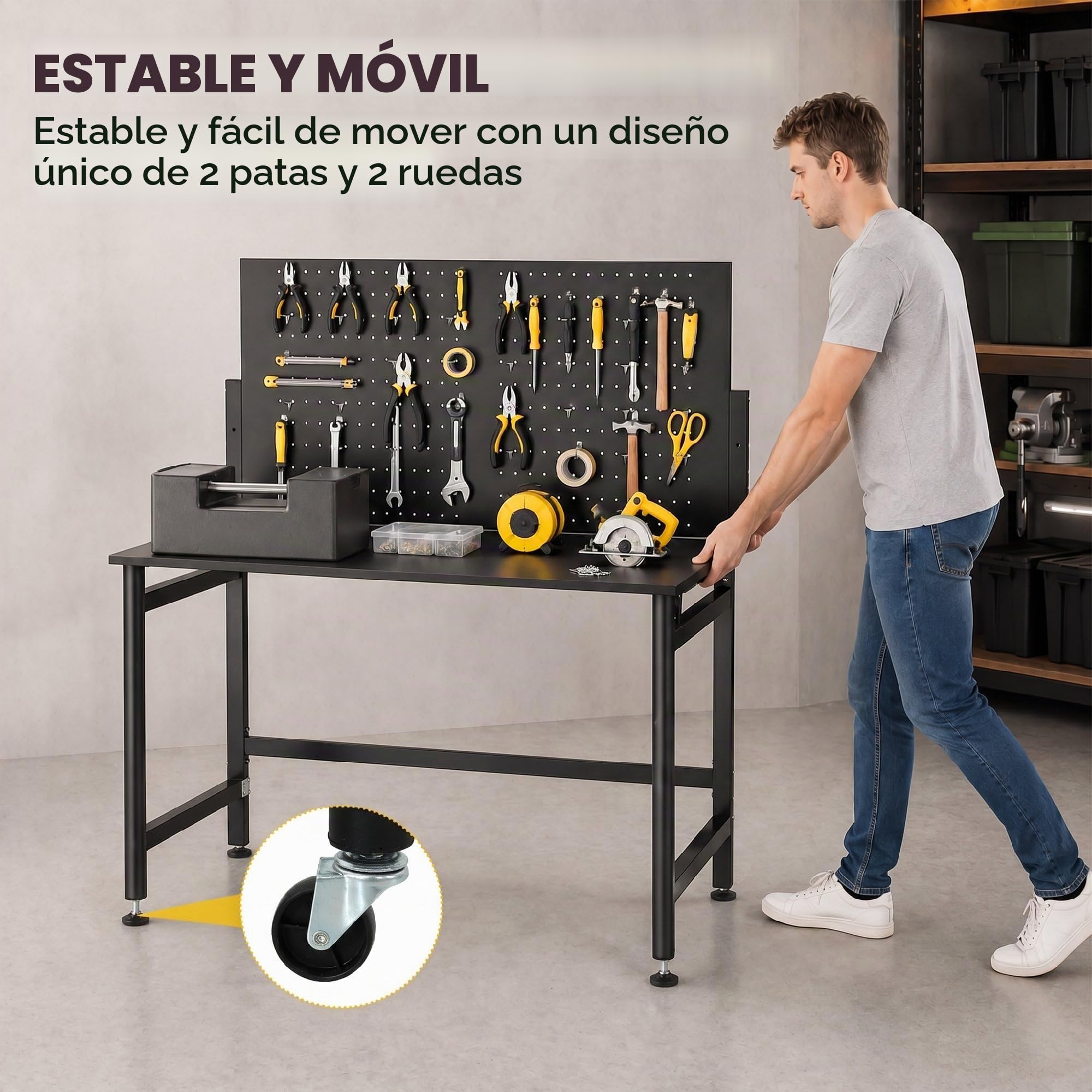 HOMCOM Banco de Trabajo Plegable con Tablero Perforado 115x62x143,5cm Negro | Ruedas, Mesa de Trabajo con Ganchos, Marco de Acero, para Garaje o Taller