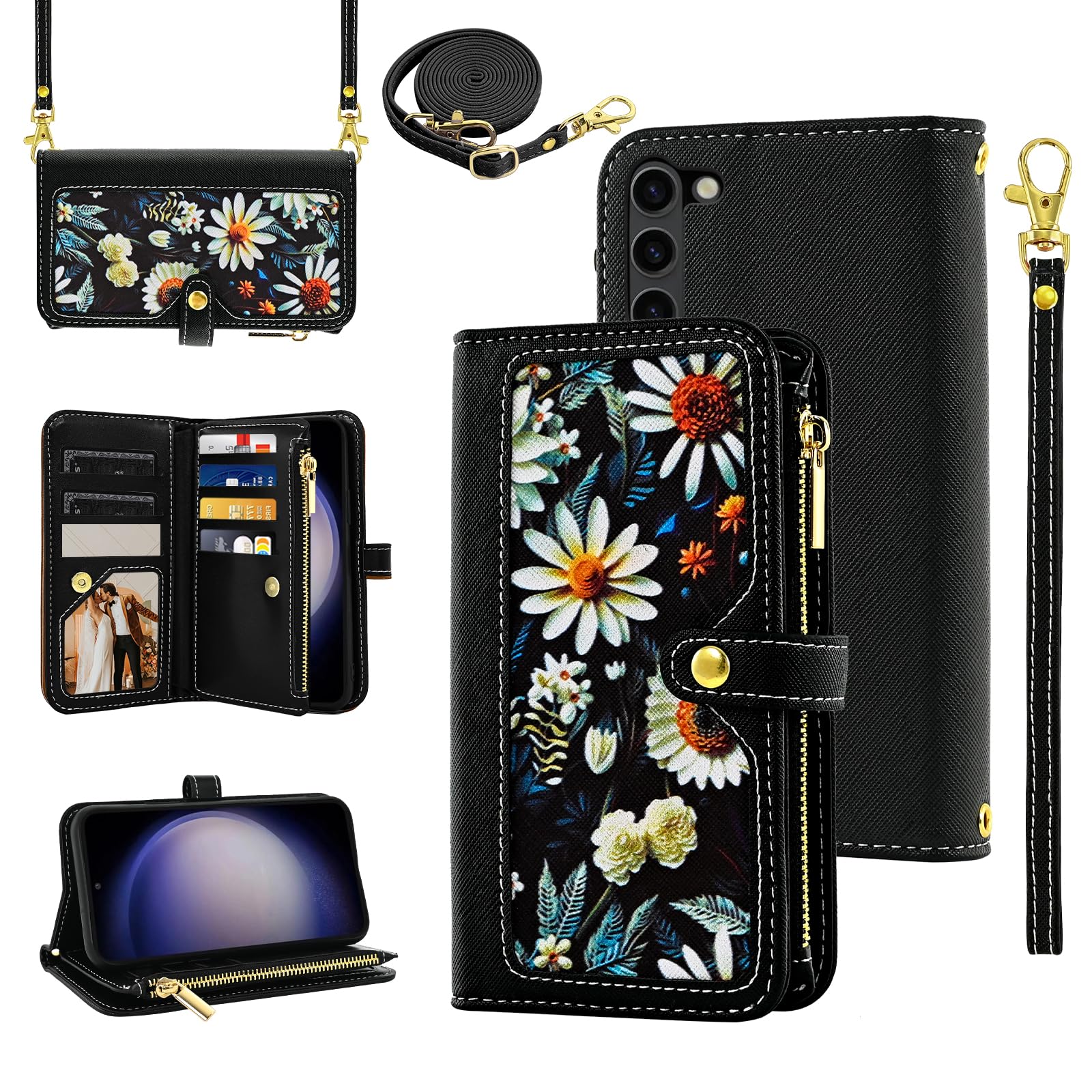 Furiet Floral Wallet Case for Samsung Galaxy Z Fold 5 5G 2023 with Wrist Strap Shoulder Strap Flip Zipper Purse, Luxury PU Leather Card Holder Stand