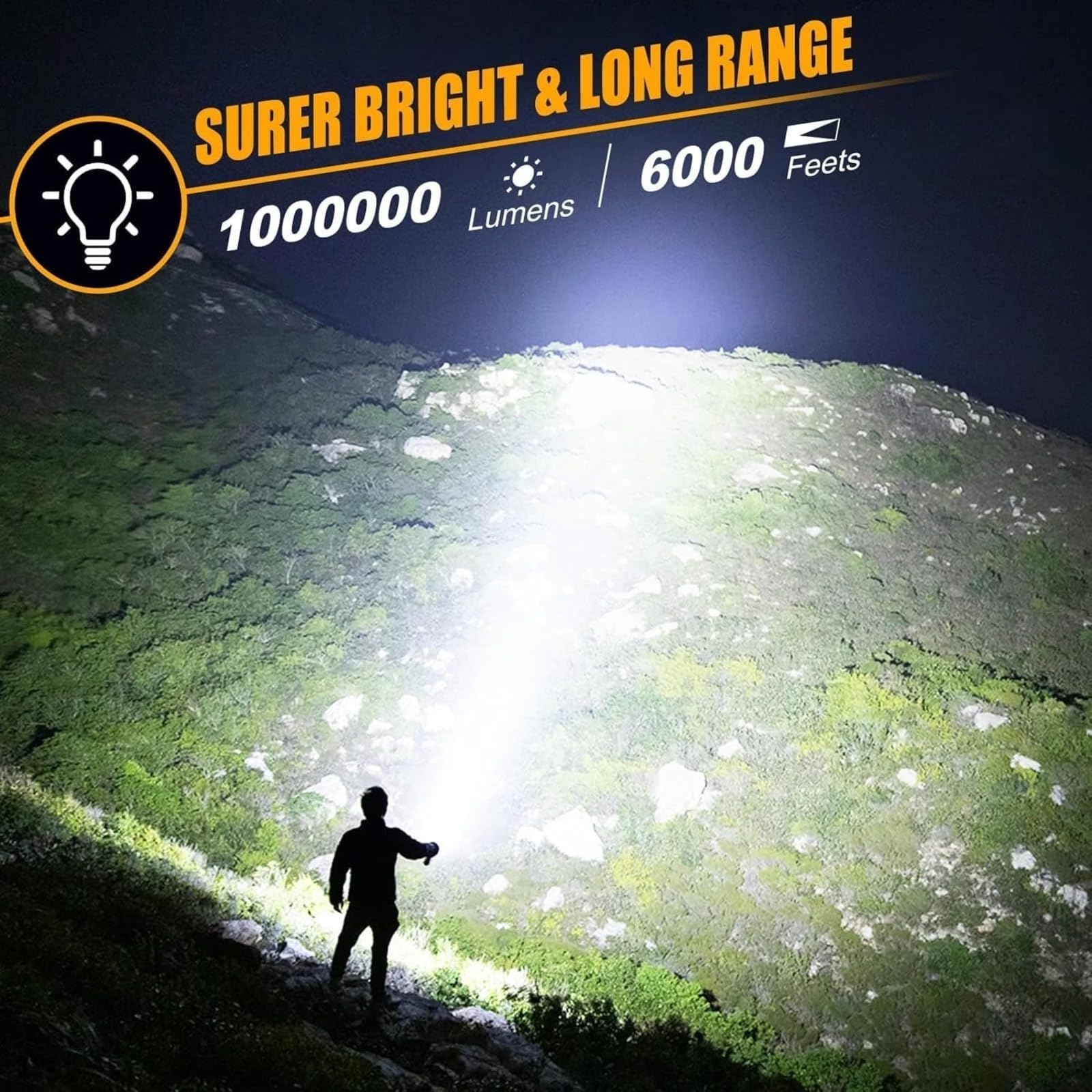 Potente linterna recargable, 1000.000 lúmenes, foco de mano de caza, portátil, superbrillante, linterna de trabajo impermeable para camping, vela, emergencia al aire libre, caza