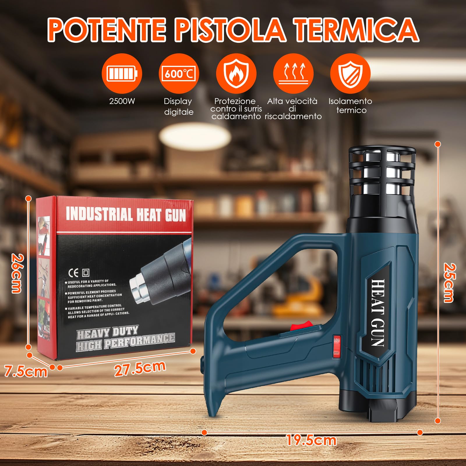 Pistola Termica Professionale 2500W con Display Digitale LCD, 50℃-600℃ Pistola Aria Calda Temperatura e 2 Flussi D'Aria Regolabili, Pistola Ad Aria Calda con 4 Ugelli per Riscaldamento