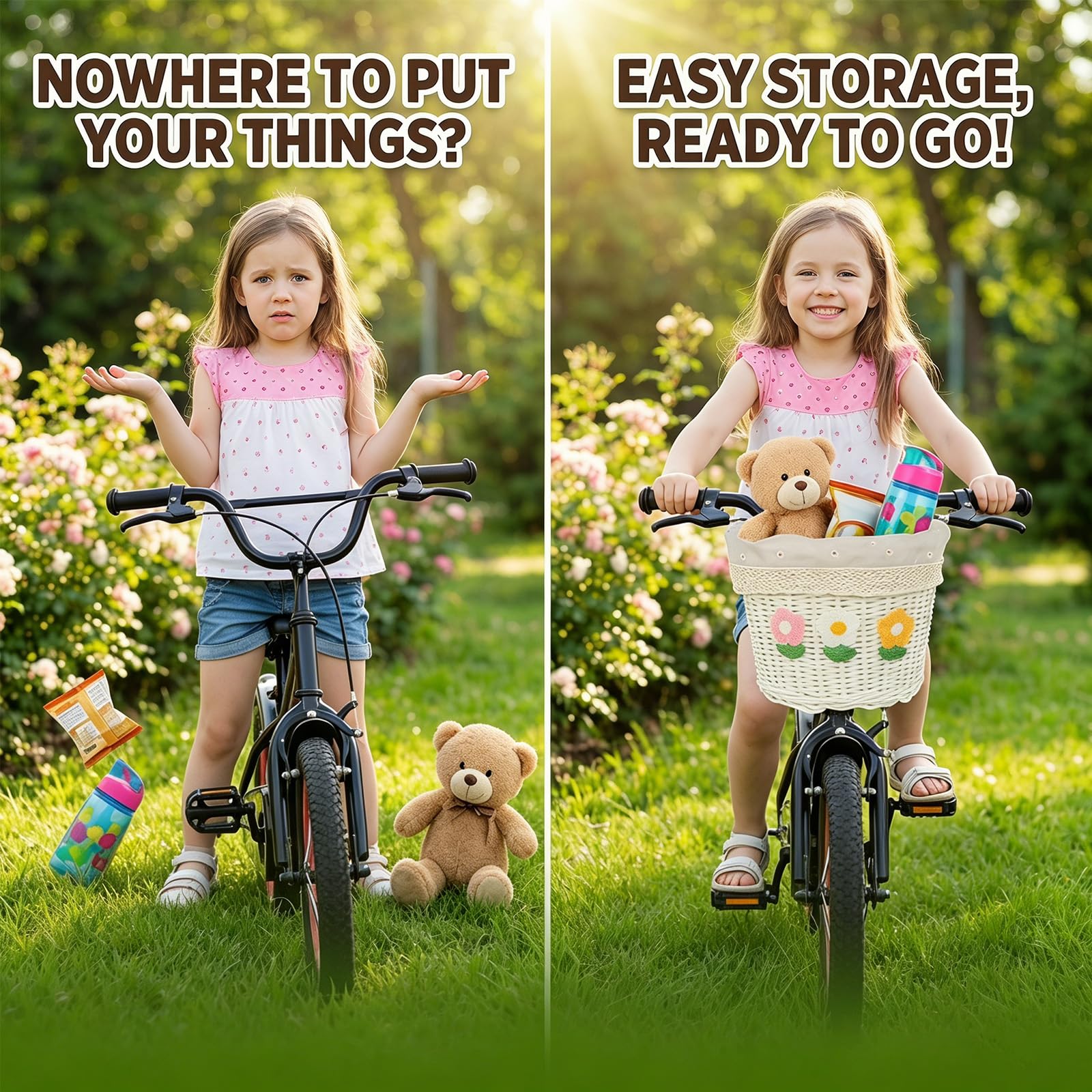FARYODI Cestino da bicicletta per bambini, intrecciato in rattan con cinghie in pelle, realizzato a mano, cestino in vimini per ciclismo all'aperto, accessori per bicicletta