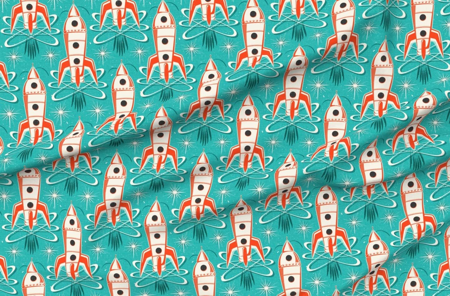 Spoonflower Fabric - Retro Textured Aqua Vintage Space Outer Rocket Sci Fi Printed on Organic Cotton Sateen Fabric by The Yard - Sewing Quilting Apparel Home Decor
