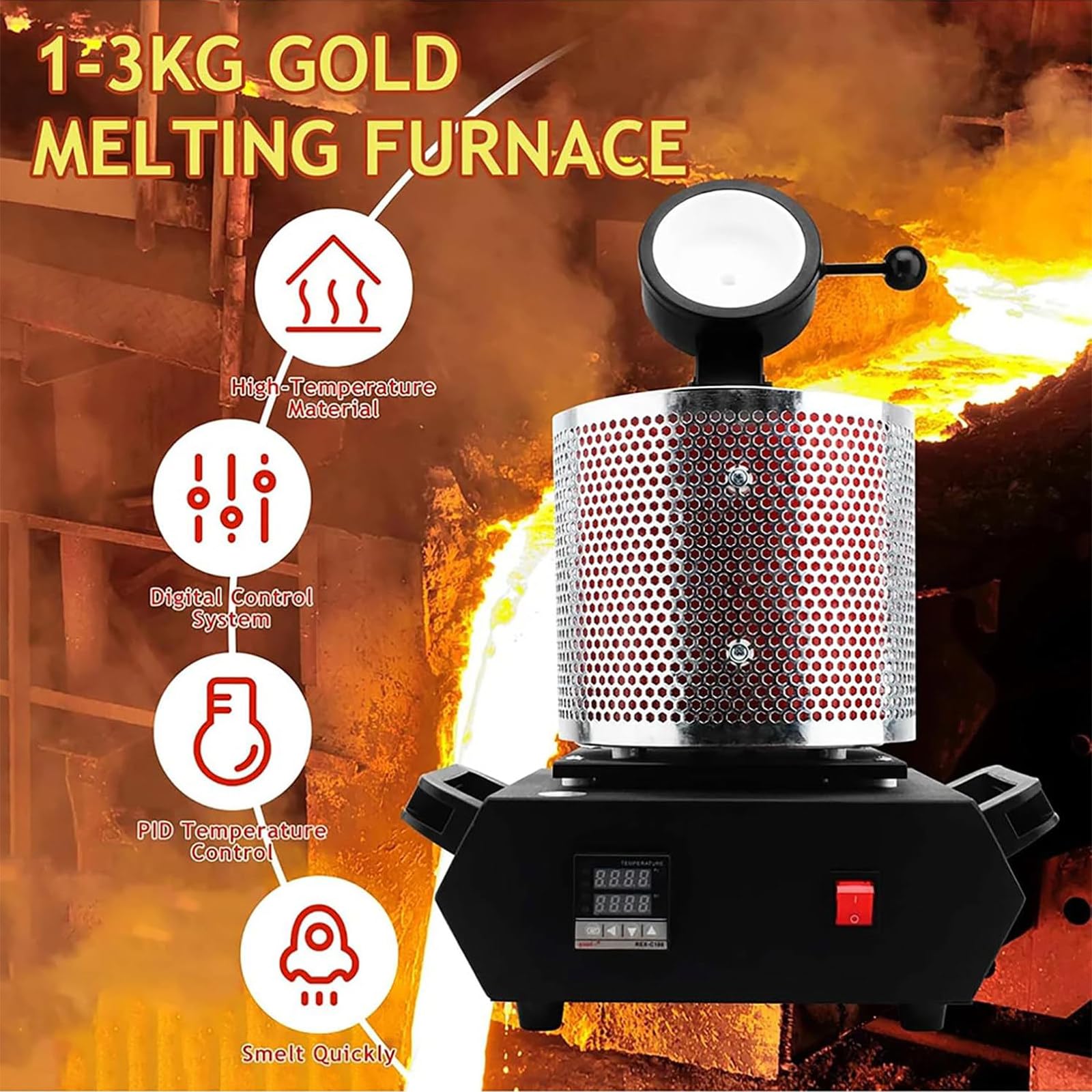 Horno de fusión eléctrico de 1750 W, fundición digital de metal dorado y plateado, máquina de fundición de 1150.0 °C, herramienta de fundición de joyas para aluminio de cobre, 1 kg/2 kg/3 kg, 220 V