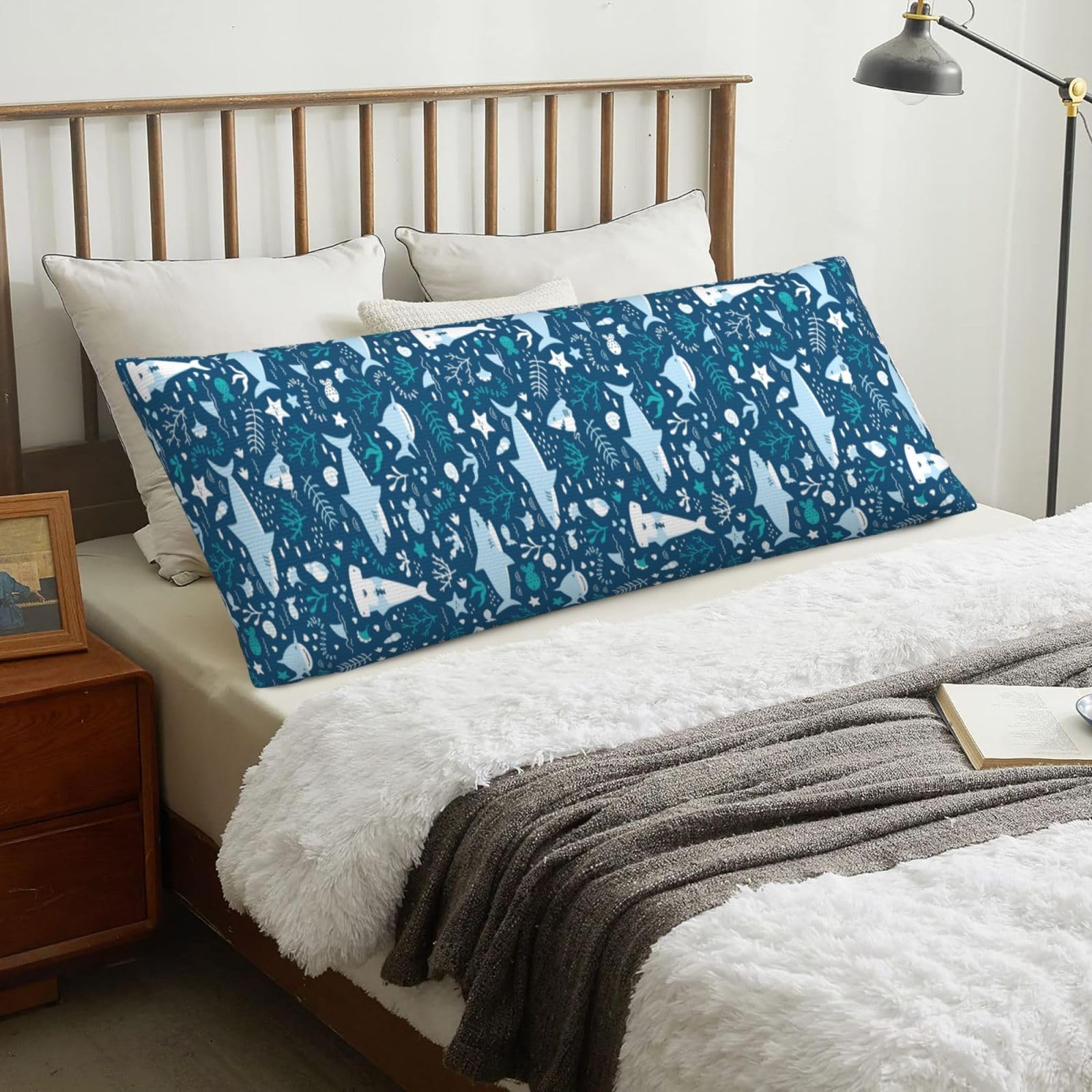 Smiling Shark Sea Animals Fishes Starfish Blue, Body Pillow Cover with Zipper,Long Body Pillowcase 20 x 60 in