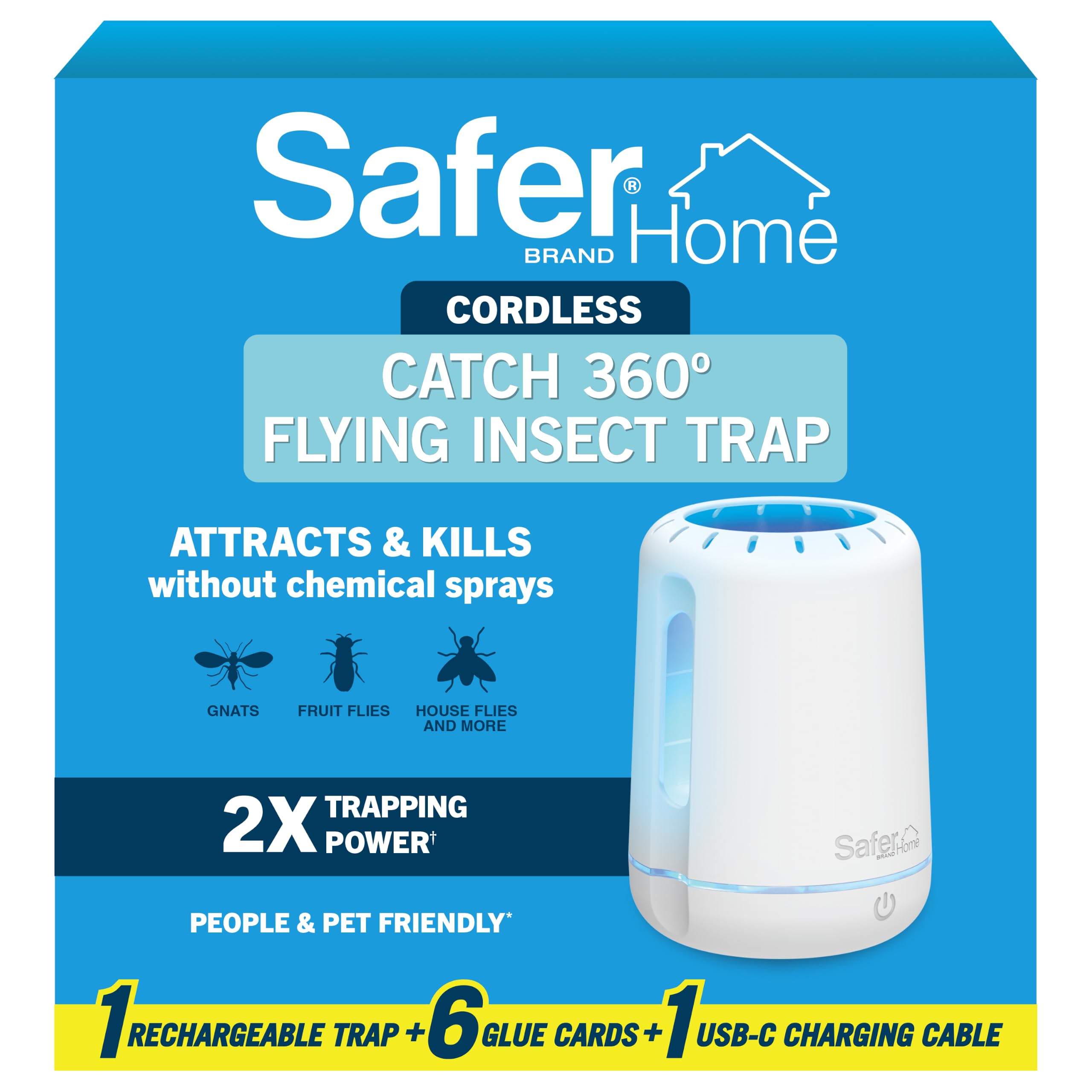 Safer Home Catch - Trappola wireless per insetti volanti a 360°, luce LED UV, senza sostanze chimiche, batteria ricaricabile da 10 giorni, trappole efficaci per mosche di frutta per interni, trappole