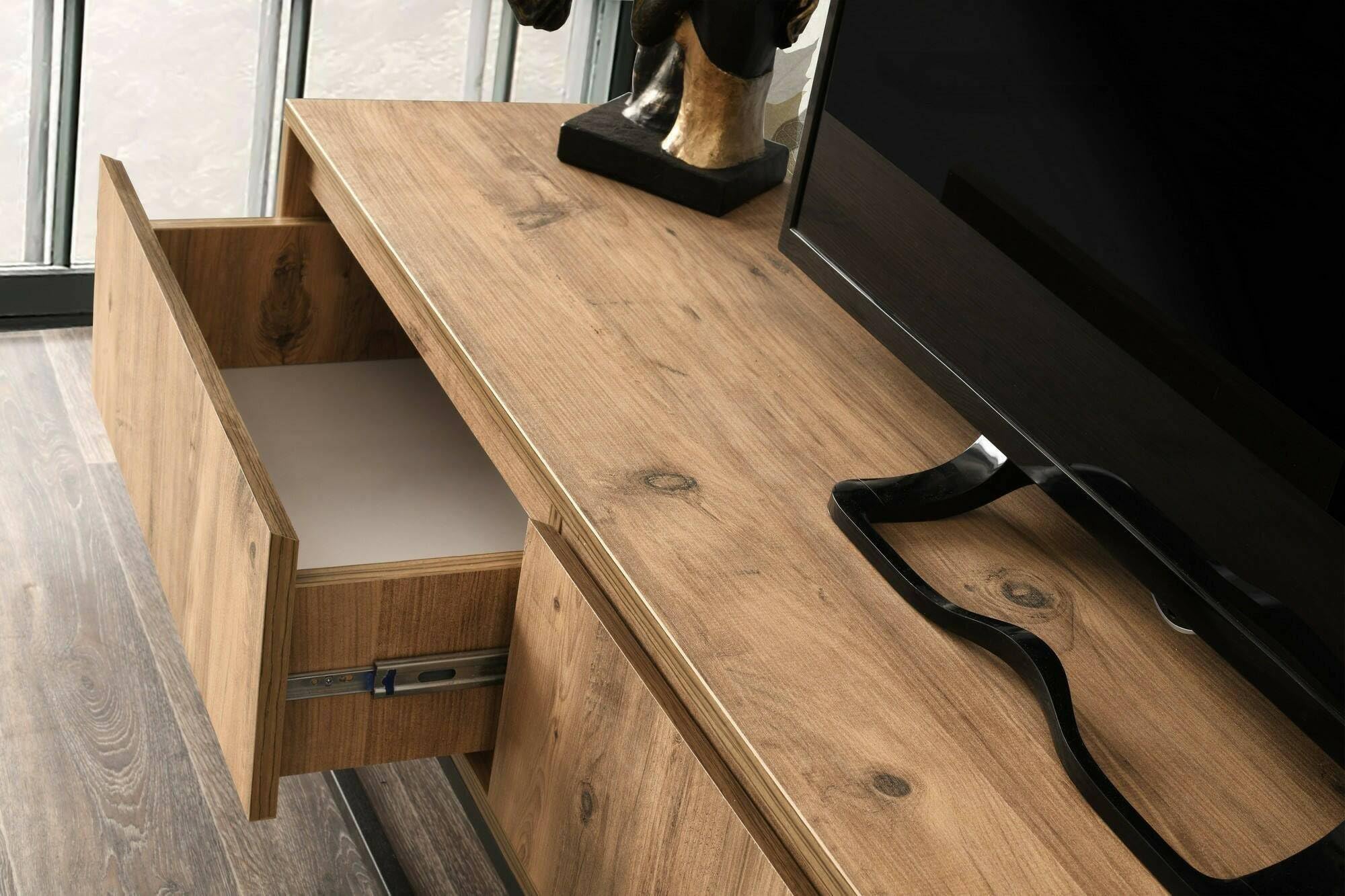 Dmora - Mobile porta TV Suhail, Credenza da soggiorno, Armadio basso per TV, Base parete attrezzata, 180x40h50 cm, Quercia e Nero