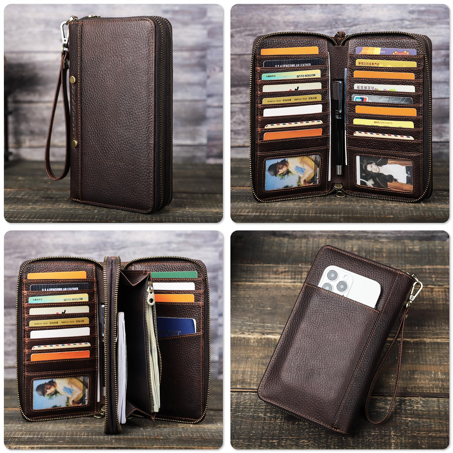 Top Grain Genuine Leather Clutch Wallet with Wristlet for Man & Woman, Handmade Vintage Design, Multi Pockets & Side Pocket & Slots, RFID Large Capacity for Cards/Checks/Money/Passport/Pen, Red Coffee