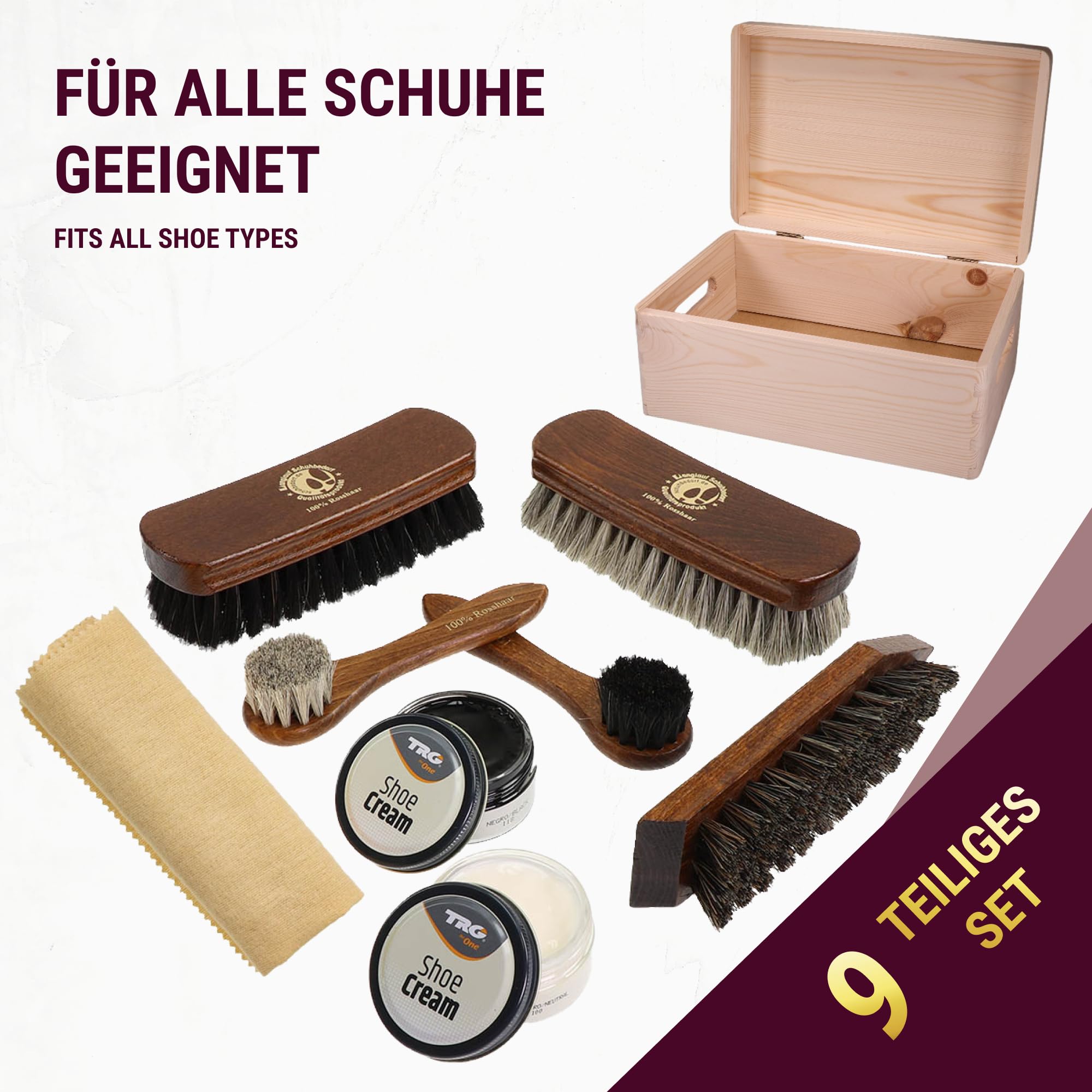 Schuhputzset Leder 9tlg Schuhputzkasten Milano I Rosshaar Schuhbürste -Tiegelbürste und extra weiche Rosshaarbürste zum polieren I Schuhbürsten Set mit Pferdehaar, Schuhpflegeset made in Germany