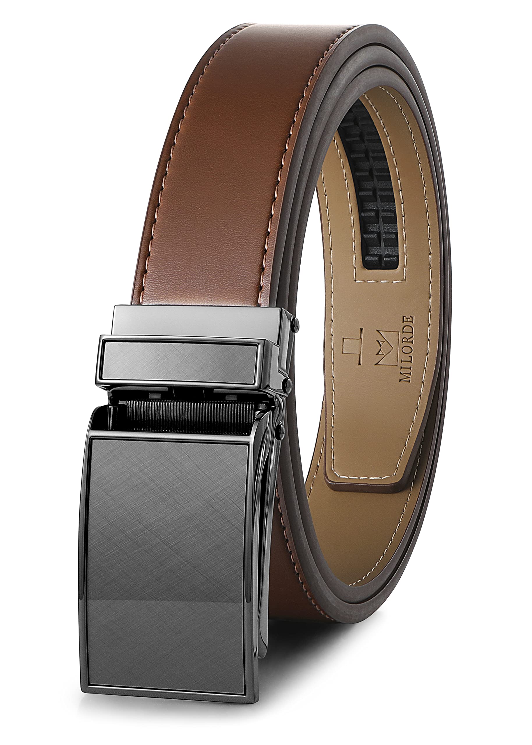 MILORDE Men's Ratchet Leather Belt for Casual Golf Dress Pants Shirts, Adjustable Fit, Comfortable and Easy To Use （35mm）