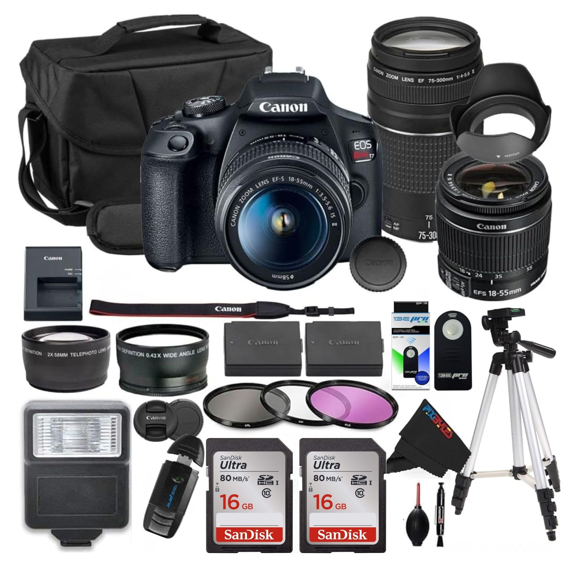 Canon EOS Rebel T7 DSLR Camera with 18-55mm Lens (Black) (Renewed) (Camera w/Pro Bundle)