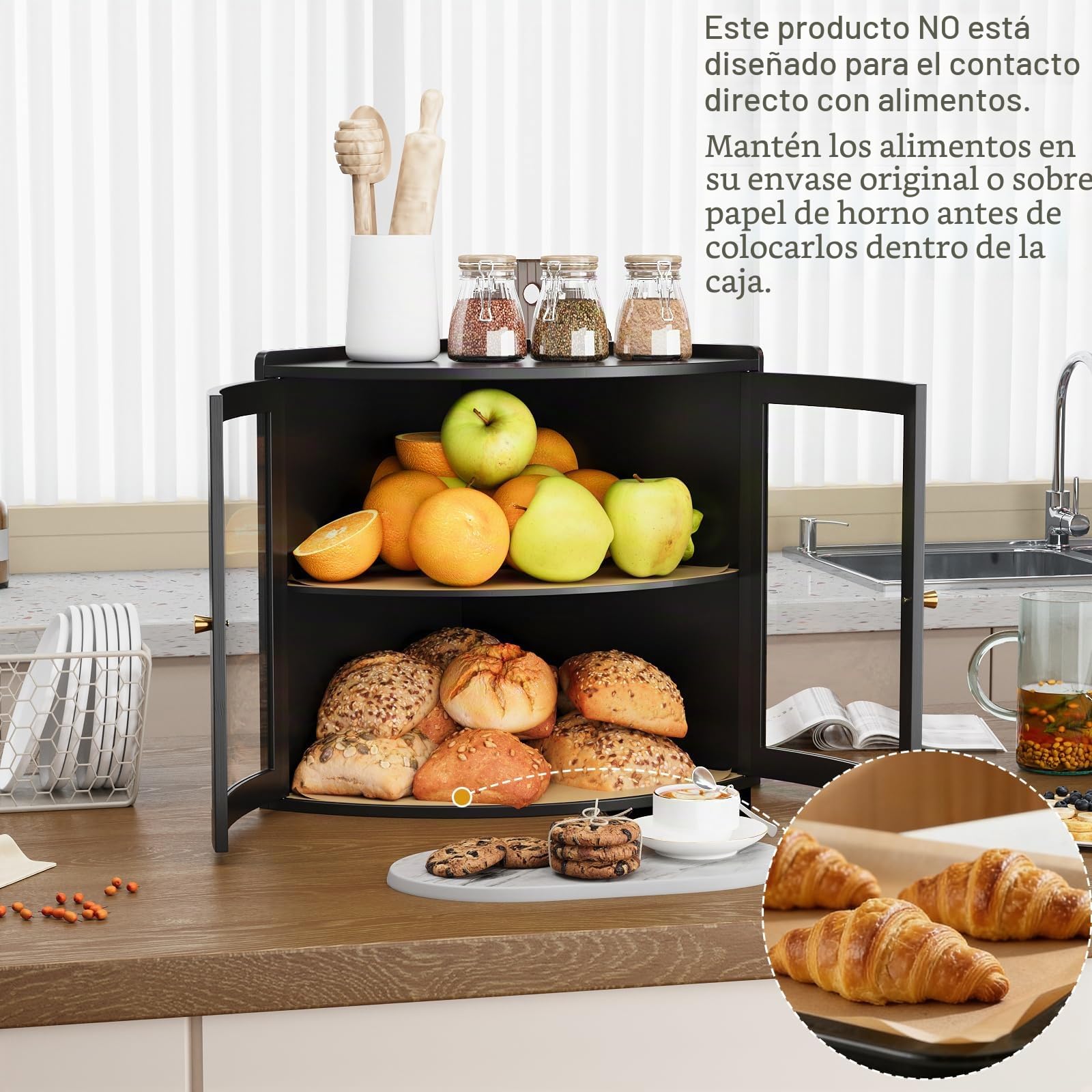 VEDECASA - Panera de bambú de esquina para la cocina, panera de dos pisos con gran espacio de almacenamiento y puerta transparente de acrílico, panera que ahorra espacio para la encimera, negro