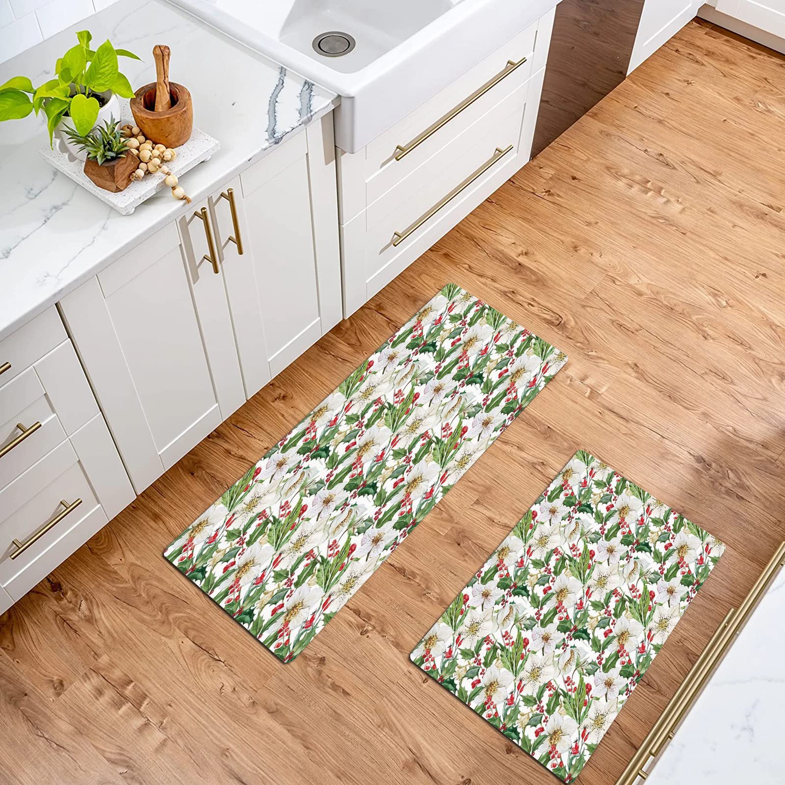 Set di 2 tappetini da cucina,Acquerello a tema stagione primaverile floreale Pittura di erbe Fiori Giardino ,Antiscivolo, assorbono acqua e olio, da cucina, antipolvere, per interni, 40x60cm+40x120 cm