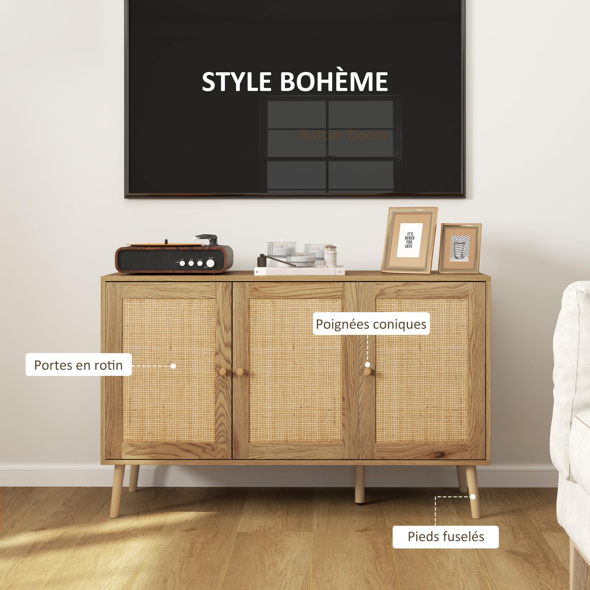 HOMCOM Buffet Salon Meuble de Rangement avec placards à Portes en cannage et étagère réglable, pour Salon, Salle à Manger, dim. 120 x 40 x 75 cm, Bois Naturel