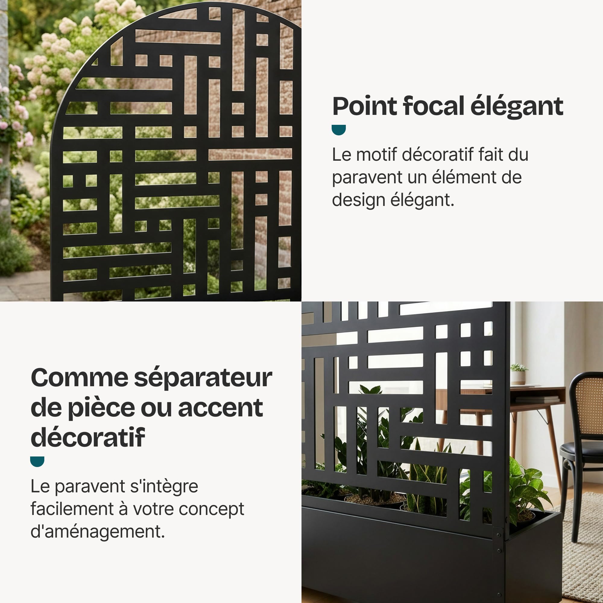 casa.pro Cloison avec Jardinière Bernalda en Forme d'arc 190x120x38 cm Noir | bac à fleurs résistant, protection contre les regards, séparateur avec roulettes, freins de blocage