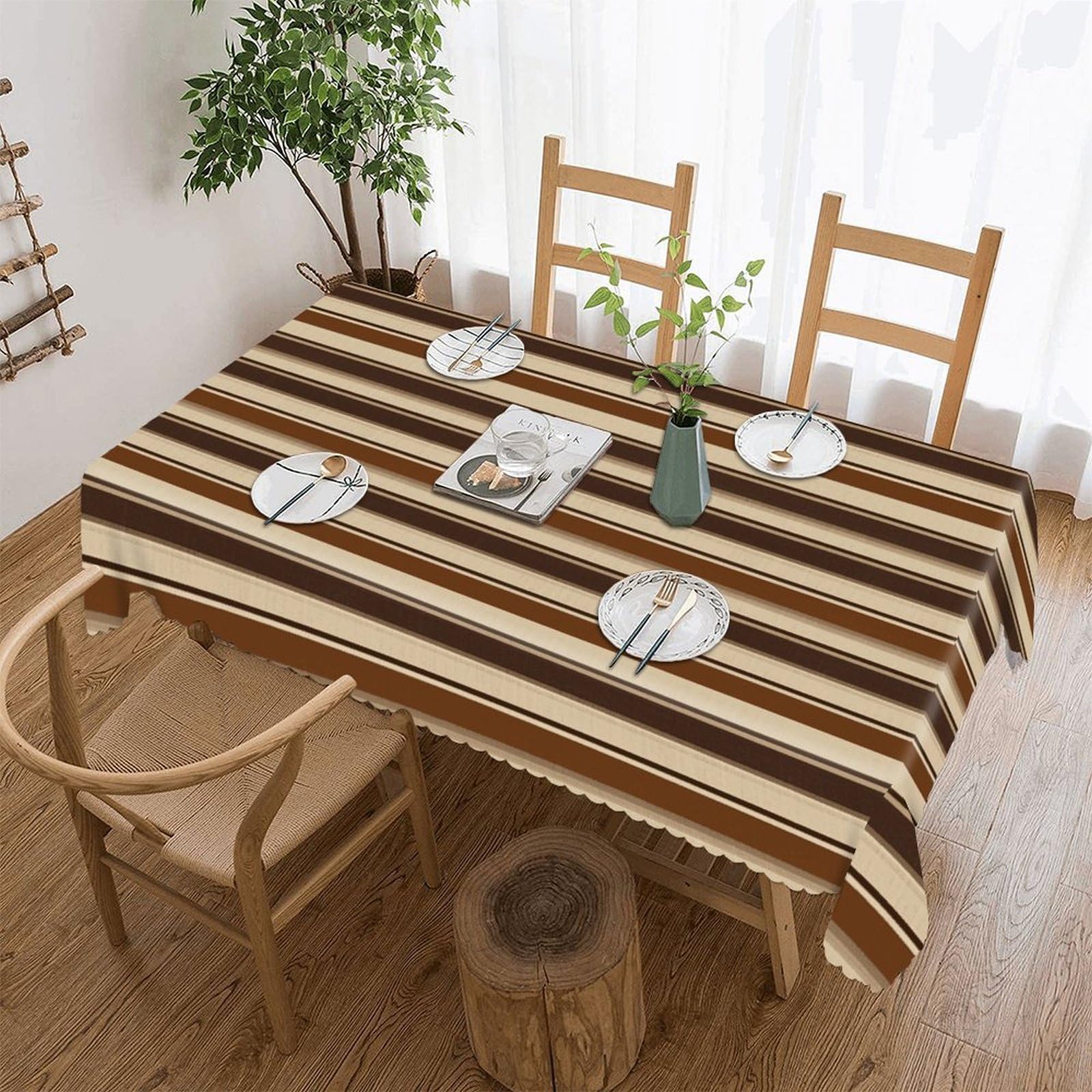 FekiLoot Brown Stripe Tablecloths for Rectangle Tables Wipeable Spillproof Polyester Table Cloth Wrinkle Free Farmhouse Dining Tables Cover Elegant Vintage Decor Tablecover
