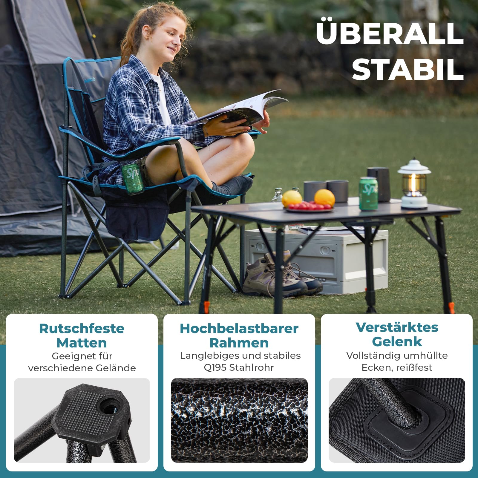 FUNDANGO Campingstuhl Faltbar 250KG Übergroßer Camping Stuhl Gepolster mit Verstellbarer Rückenlehne, Klappstuhl Camping mit Getränkehalter & Kühltasche XXL Angelstuhl Outdoor Stuhl, Schwarz/Grau