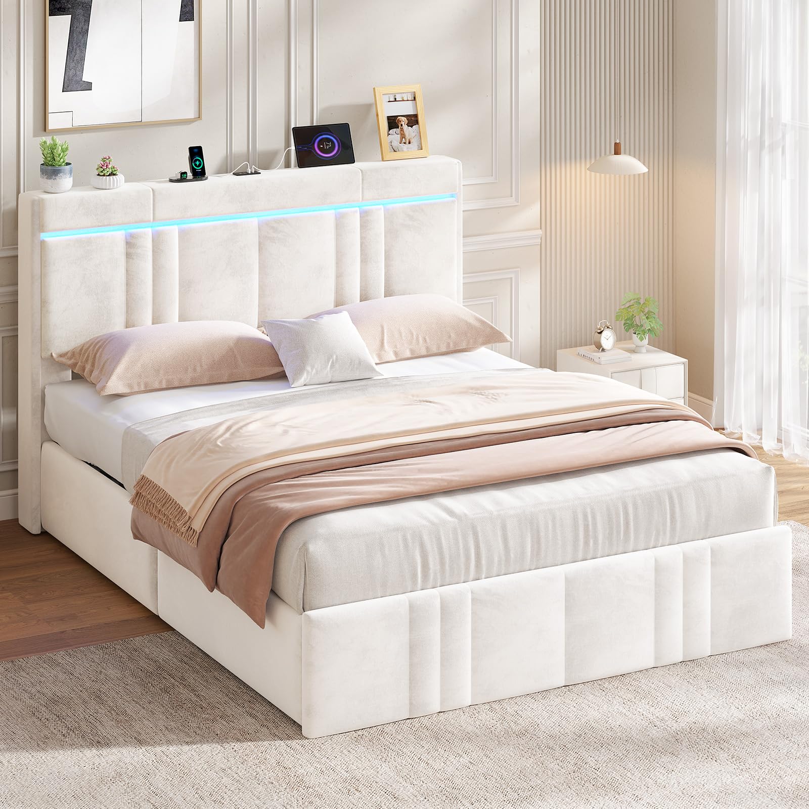 AOGLLATI Polsterbett 140×200 mit Stauraum Jugendbett 140×200 mit Steckdosen und LED-Beleuchtung, 30cm Hydraulischer Stauraum, Bettgestell mit Lattenrost aus Holz, Edler Samtstoff (Beige,140x200cm)