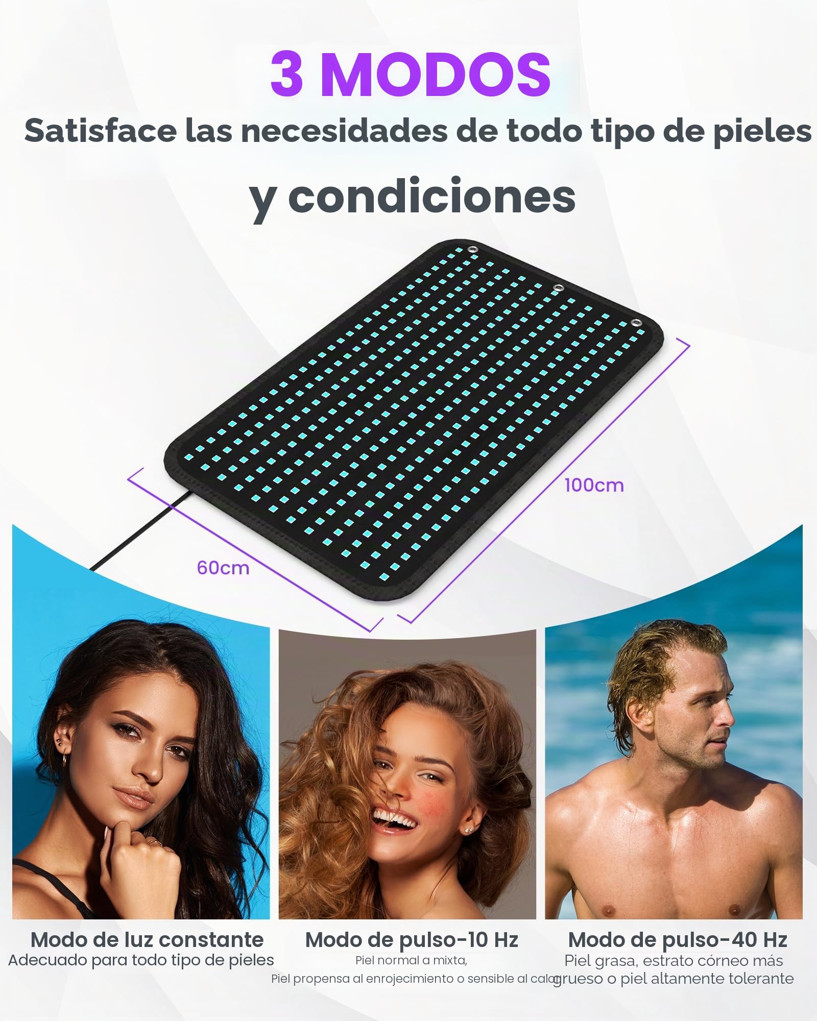Lámparas bronceadoras 460 nm 490 nm 100x60 cm, bronceador facial 5 intensidades, 3 modos constante/10 Hz/40 Hz pulso, tumbado/colgado