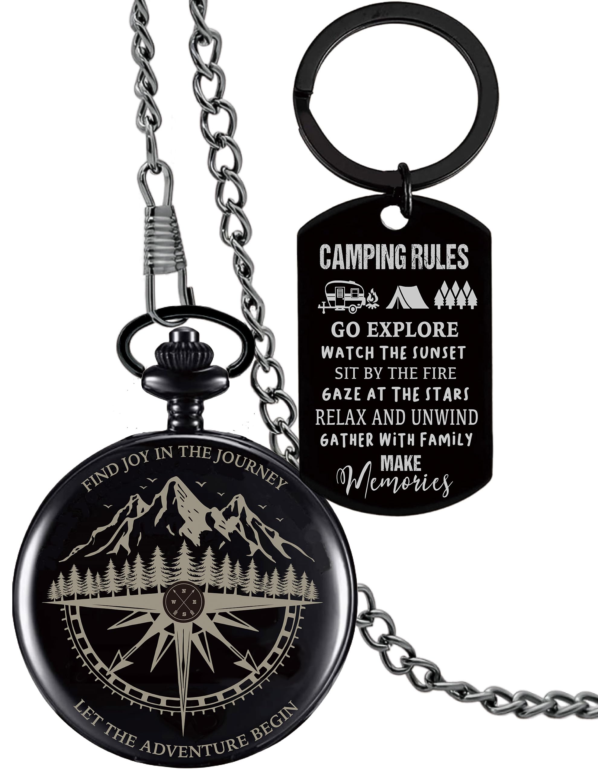 MALLAbyLAMMA Let the Adventure Begin Pocket Compass Black, Camping Rules Keychain, Fun Campers Gift, Camp Lover RV Camping Camper Gifts Ideas, Cool