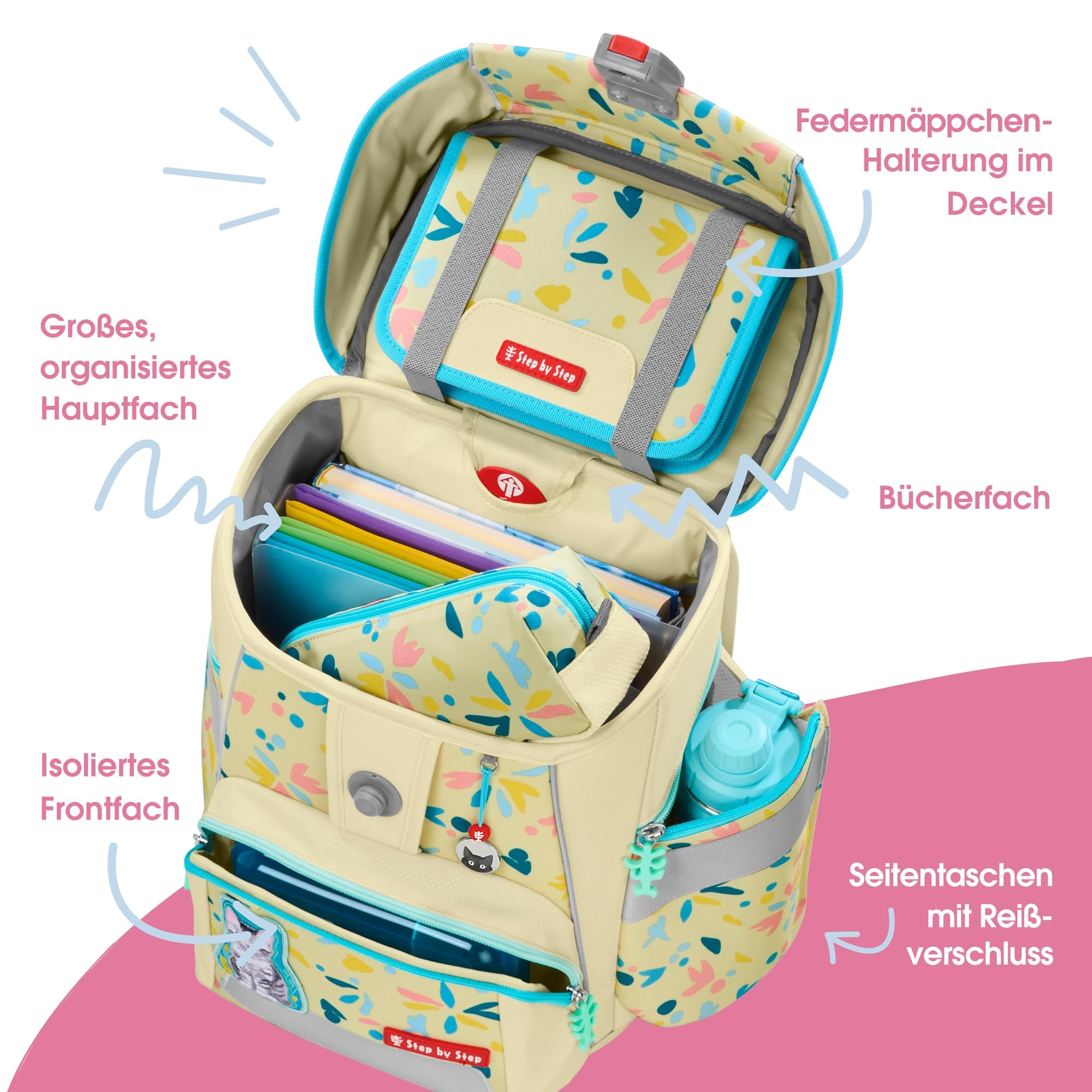 Step by Step Schulranzen-Set Space „Cat Lilly“ 5-teilig, gelb, Katzen-Design, ergonomischer Tornister mit Reflektoren, höhenverstellbar mit Hüftgurt für Mädchen ab der 1. Klasse, 20L