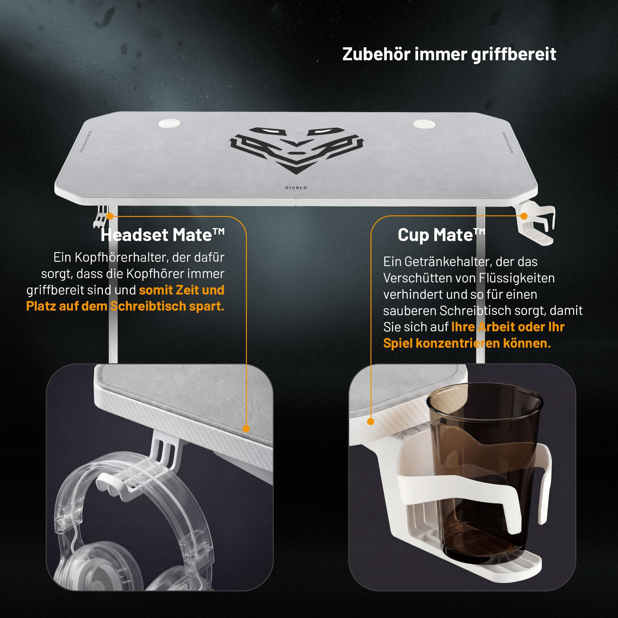 Diablo Gaming Schreibtisch PC Tisch Computertisch Gaming Tisch 140x60x75 cm | Ergonomischer Gamer Tisch mit Kabelmanagement, Tischmatte, Headsethalter, Getränkehalter für Gaming Setup und Home Office