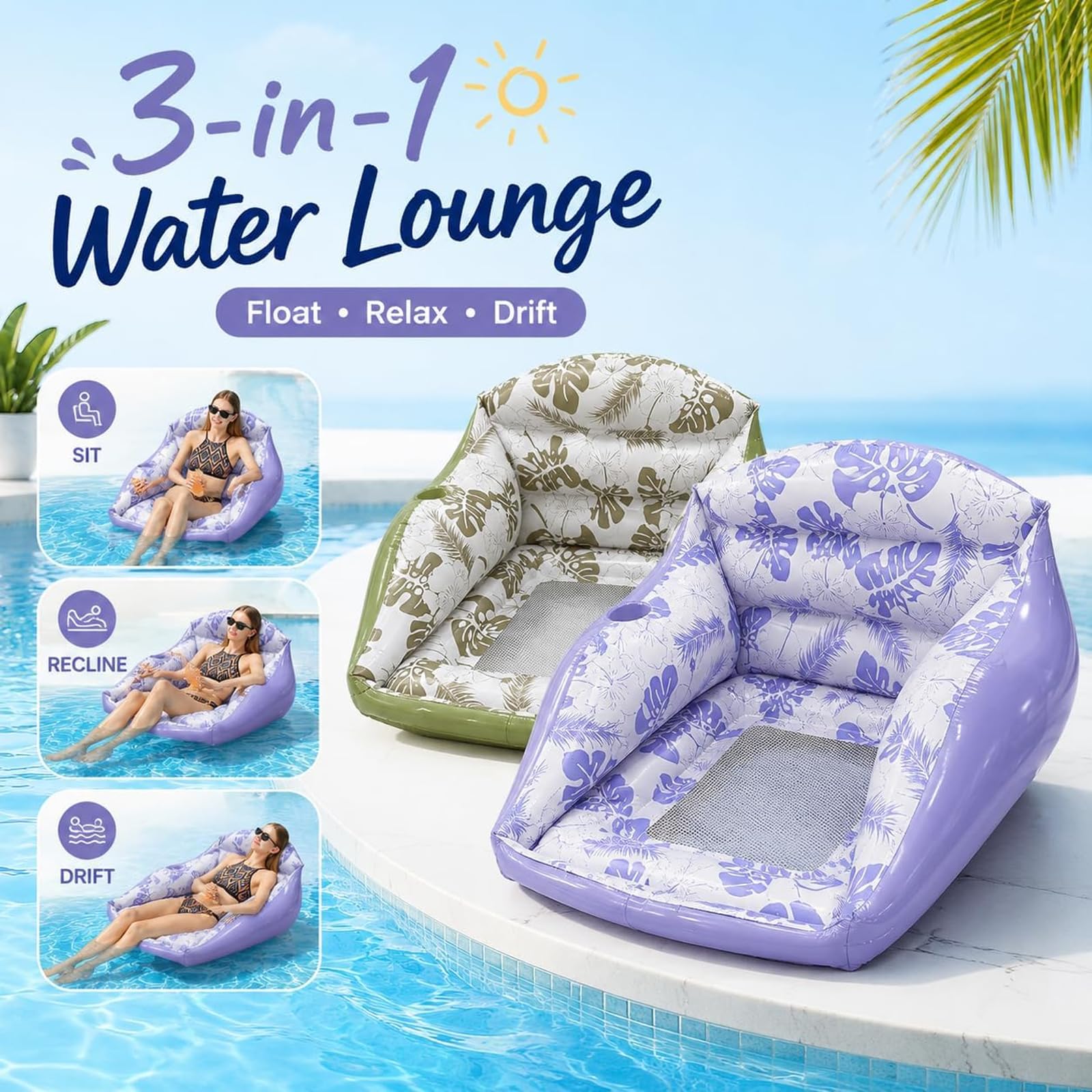 Fauteuil Gonflable de Piscine 3 en 1 avec Porte-gobelet, canapé Flottant Adulte, siège Filet rafraîchissant pour Plage lac fête été