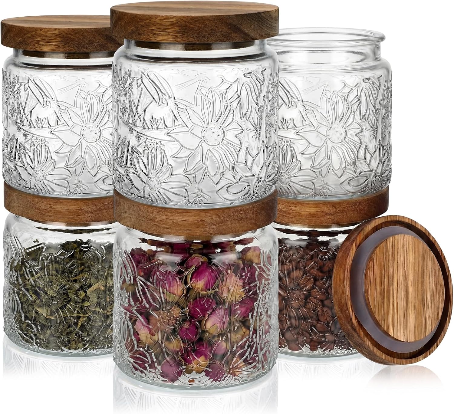 Suclain 6 Pcs Vintage Glass Jar with Acacia Wood Lids 16.9oz Airtight Glass Storage Canisters Kitchen Spice Jars Food Storage Containers for Pantry Coffee Grains Tea Sugar Flour(Morning Glory)
