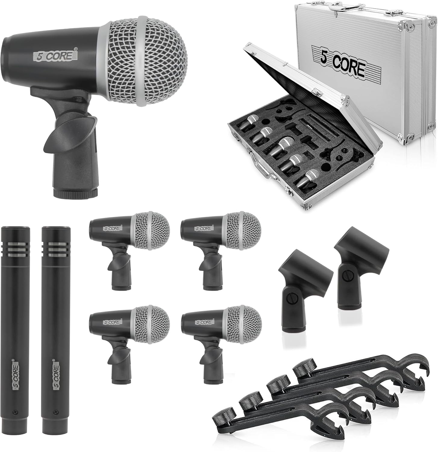 5 Core Drum Microphone Kit 7 Piece Wired Full Metal Dynamic Wired drums Mic Set for