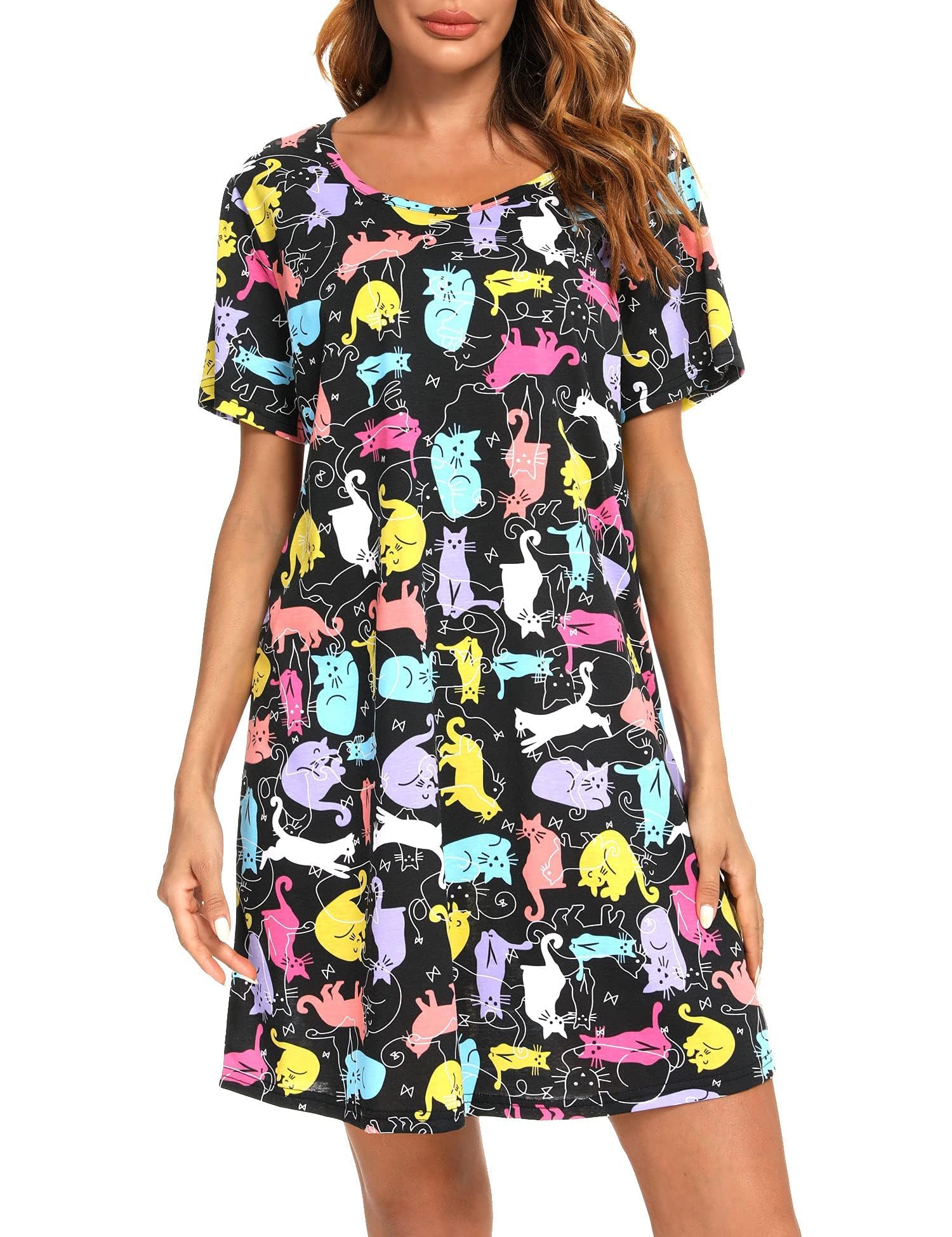 ENJOYNIGHT Camisón de algodón de manga corta para mujer, ropa de dormir con estampado casual | Camisón ligero de mezcla de algodón, ropa de descanso cómoda con bonito estampado, talla M-2XL