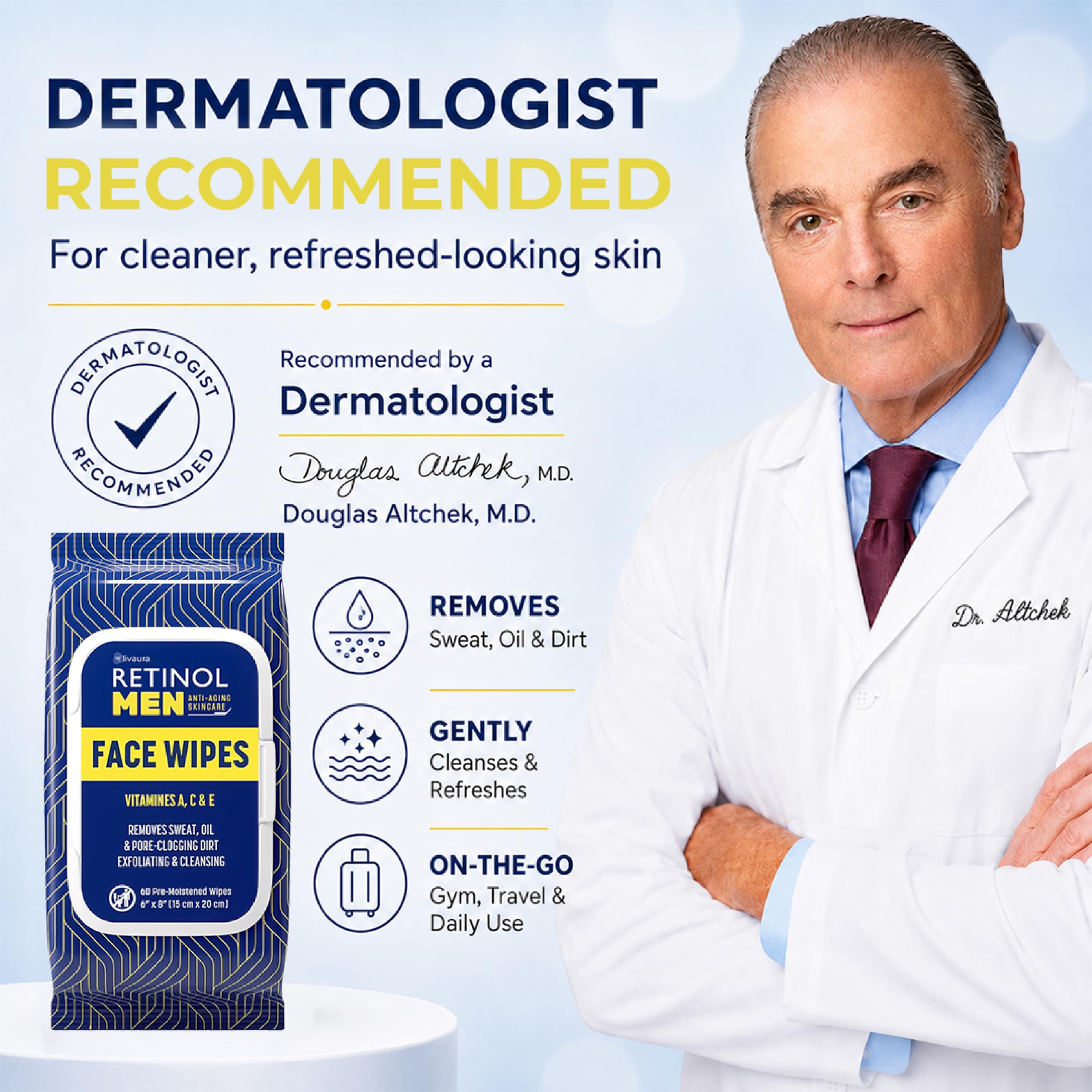 LIVAURA Retinol Men Facial Wipes Anti-Aging Cleansing Towelettes - Szybko Oczyszczają Twarz Z Potu, Oleju I Brudu Zatykającego Pory Bez Żadnych Ciężkich Pozostałości (60 Sztuk (1 Opakowanie))