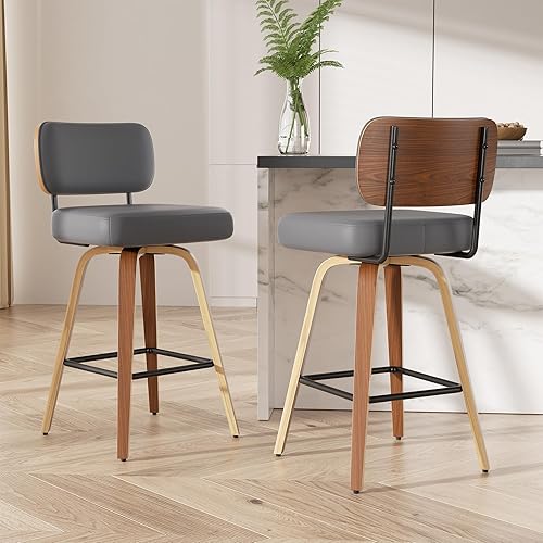 Juego de 2 taburetes de bar giratorios tapizados de piel sintética de 26 pulgadas con respaldo de nogal y patas de madera curvada, sillas de bar