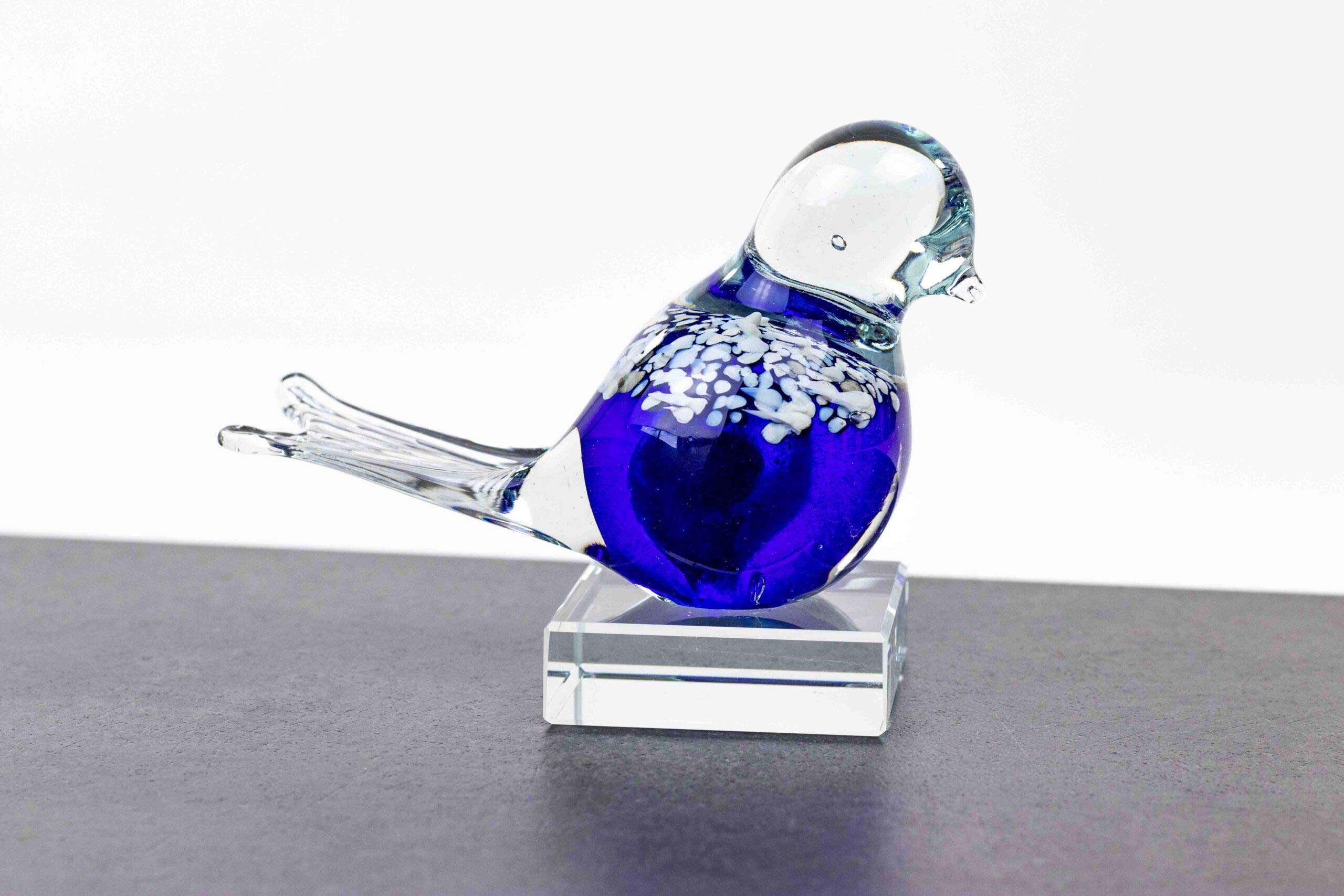 Petite urne en verre bleu LORANTO reliquaire cinéraire oiseau