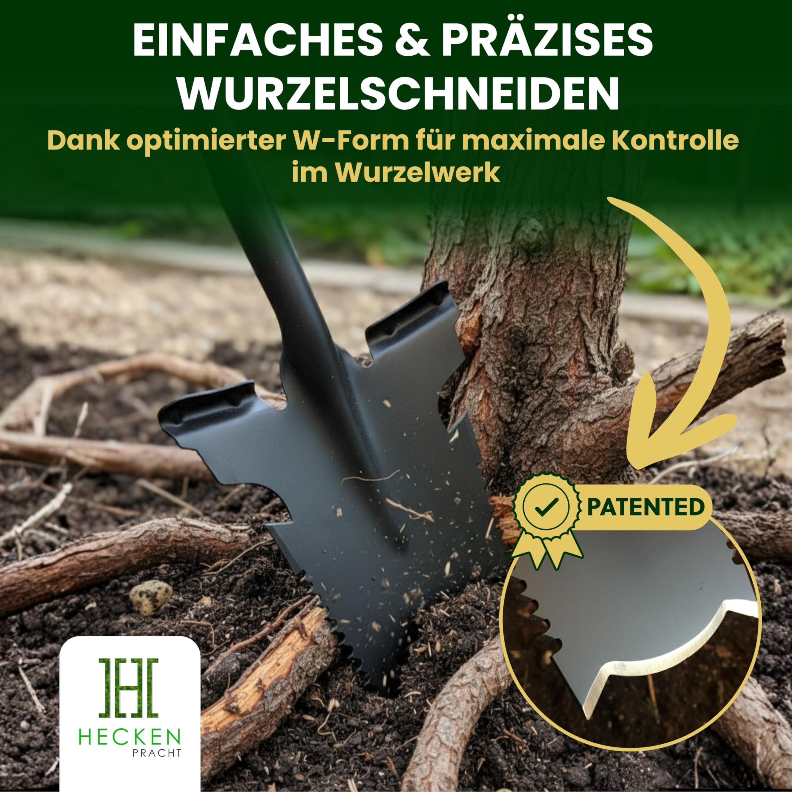 Heckenpracht® Profi Spaten mit Wurzelsäge | Wurzelspaten mit Sägefunktion | Perfekt für Harte Böden | Ergonomischer Griff & extra breite Trittkante | Gärtnerspaten mit Ultra stabilem Spatenblatt