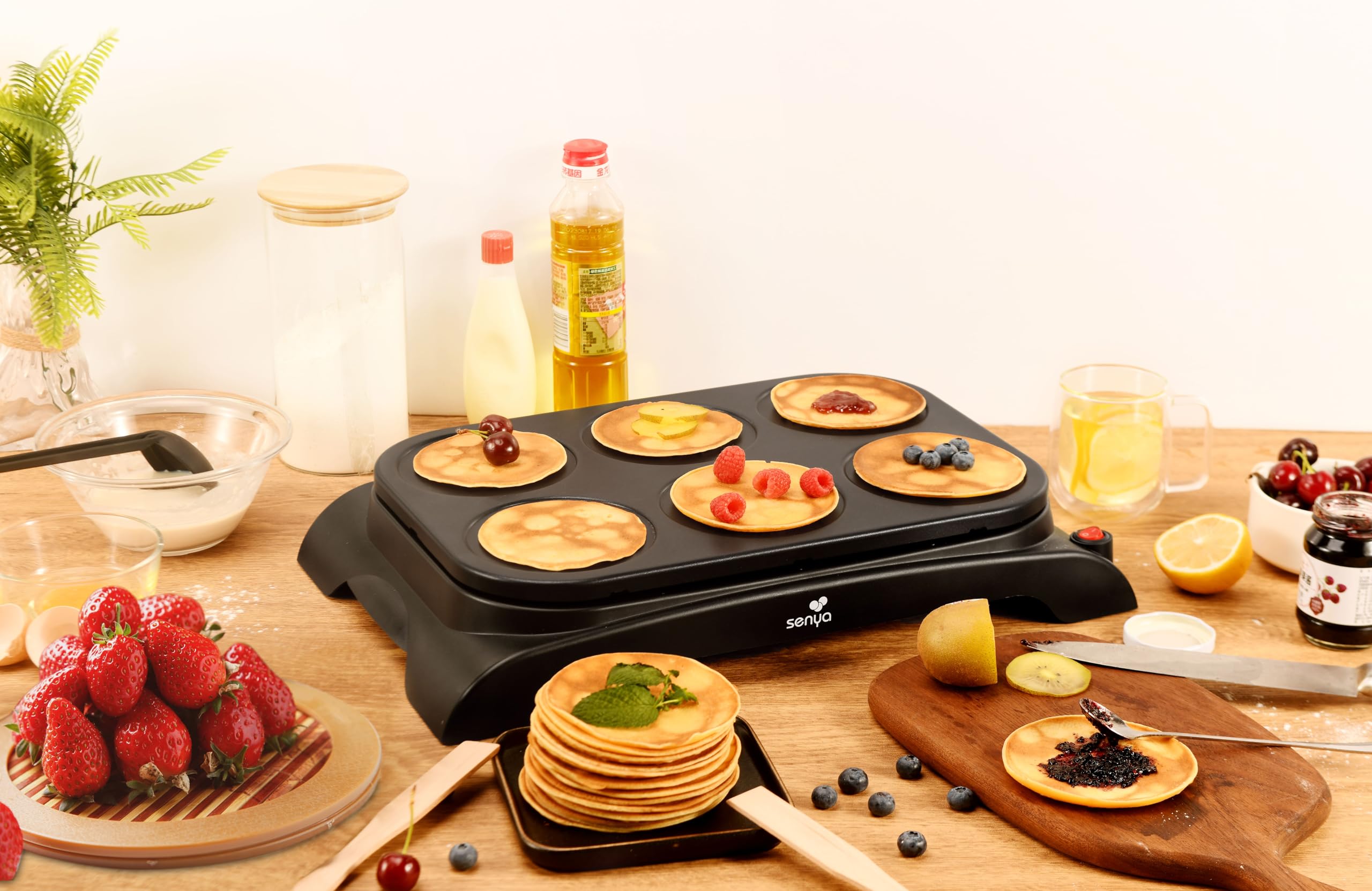 SENYA Crêpière électrique - Machine à crêpes 1000W - Plaque Antiadhésive Ø11,5 cm, Cuisson Rapide, crêpes, pancakes, 6 Spatules Bois + Louche, Mini Crêpe Party Facile à Nettoyer