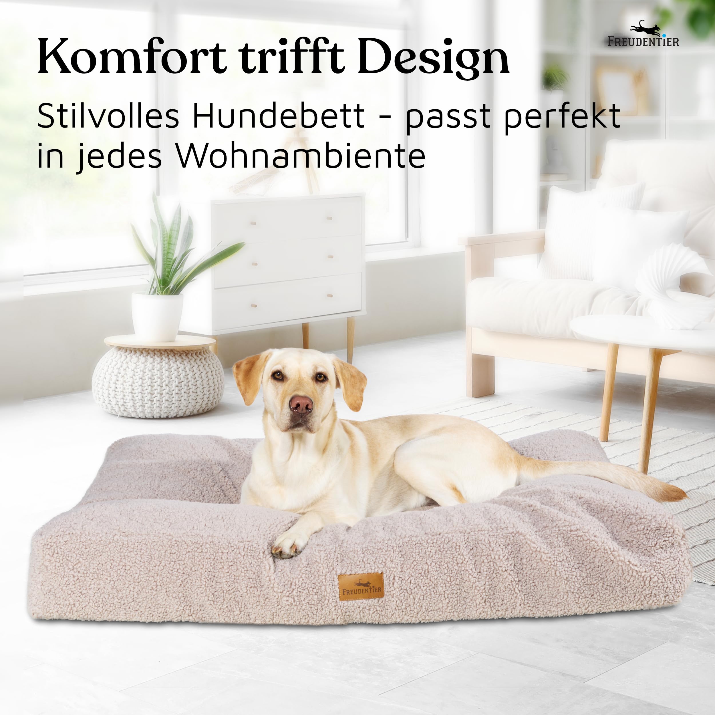 FREUDENTIER Orthopädisches Hundekissen aus Teddy - Waschbar - Hundebett/Hundekorb rutschfest - Für kleine, mittelgroße & große Hunde (Greige, 80x60cm)