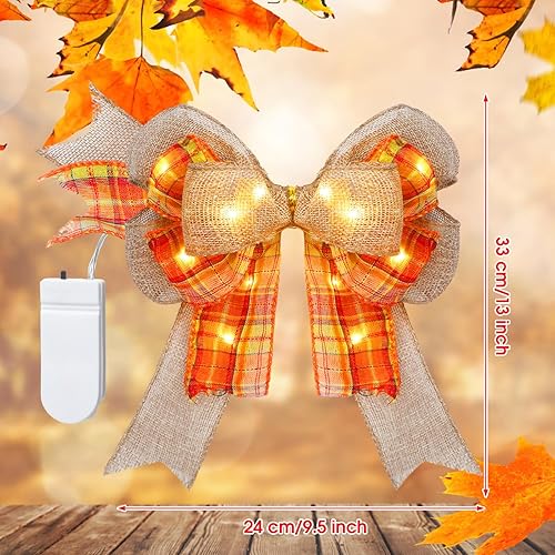 Miniatura 2 de 4 lazos LED de otoño para coronas, lazo de arpillera a cuadros de búfalo naranja con luces LED, lazos de Acción de Gracias para decoración de árbol,
