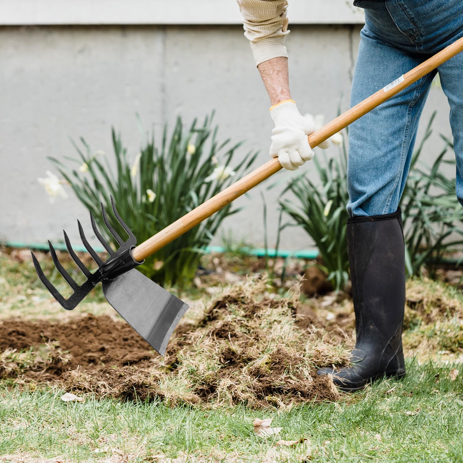 Houe de Jardin avec Râteau, Outil Multifonction en Acier Inoxydable Noir