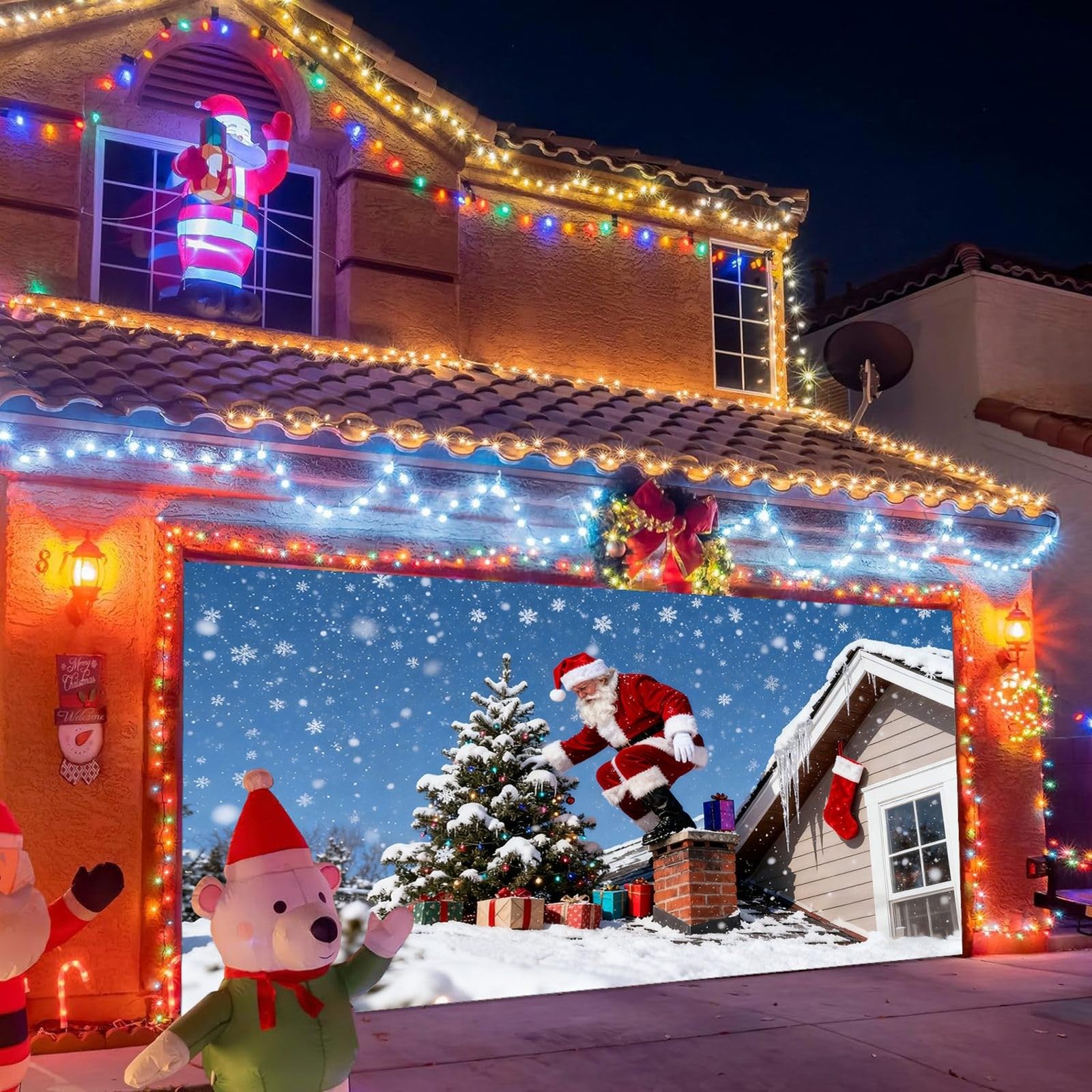 Cartel de bienvenida para garaje con muñeco de nieve de Papá Noel para puerta de garaje al aire libre